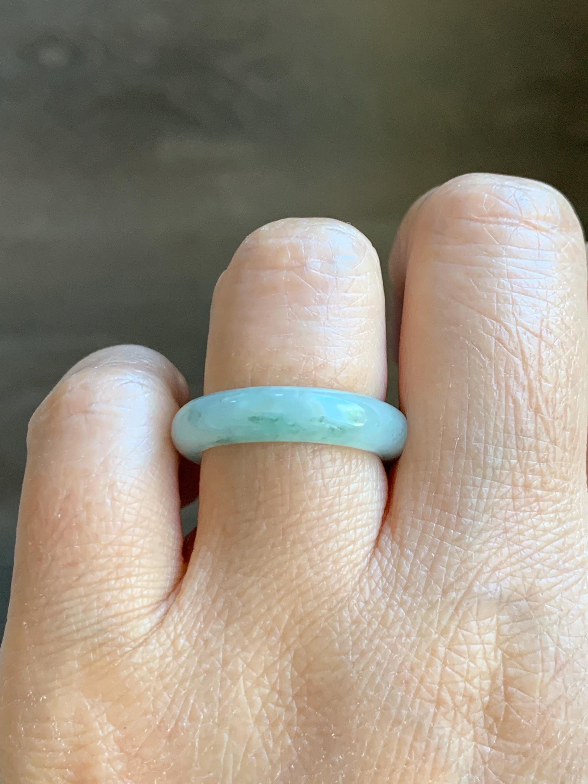 Natural Grade A Icy Translucent Pastel Green Marbled Jade Jadeite Band Ring Size 7.75 US 3g 天然晴底飘花翡翠戒圈 MQP80