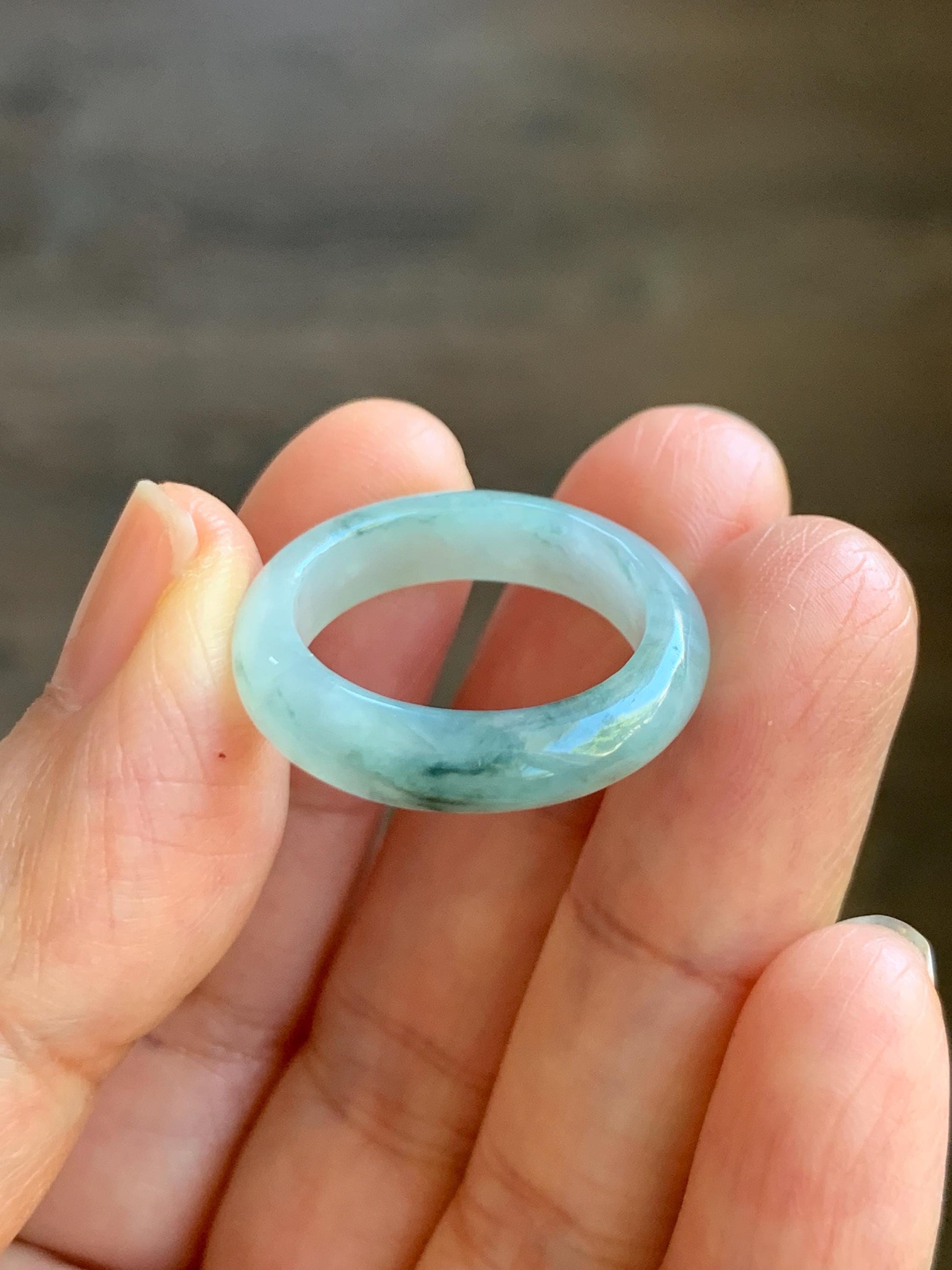 Natural Grade A Icy Translucent Pastel Green Marbled Jade Jadeite Band Ring Size 7.75 US 3g 天然晴底飘花翡翠戒圈 MQP80