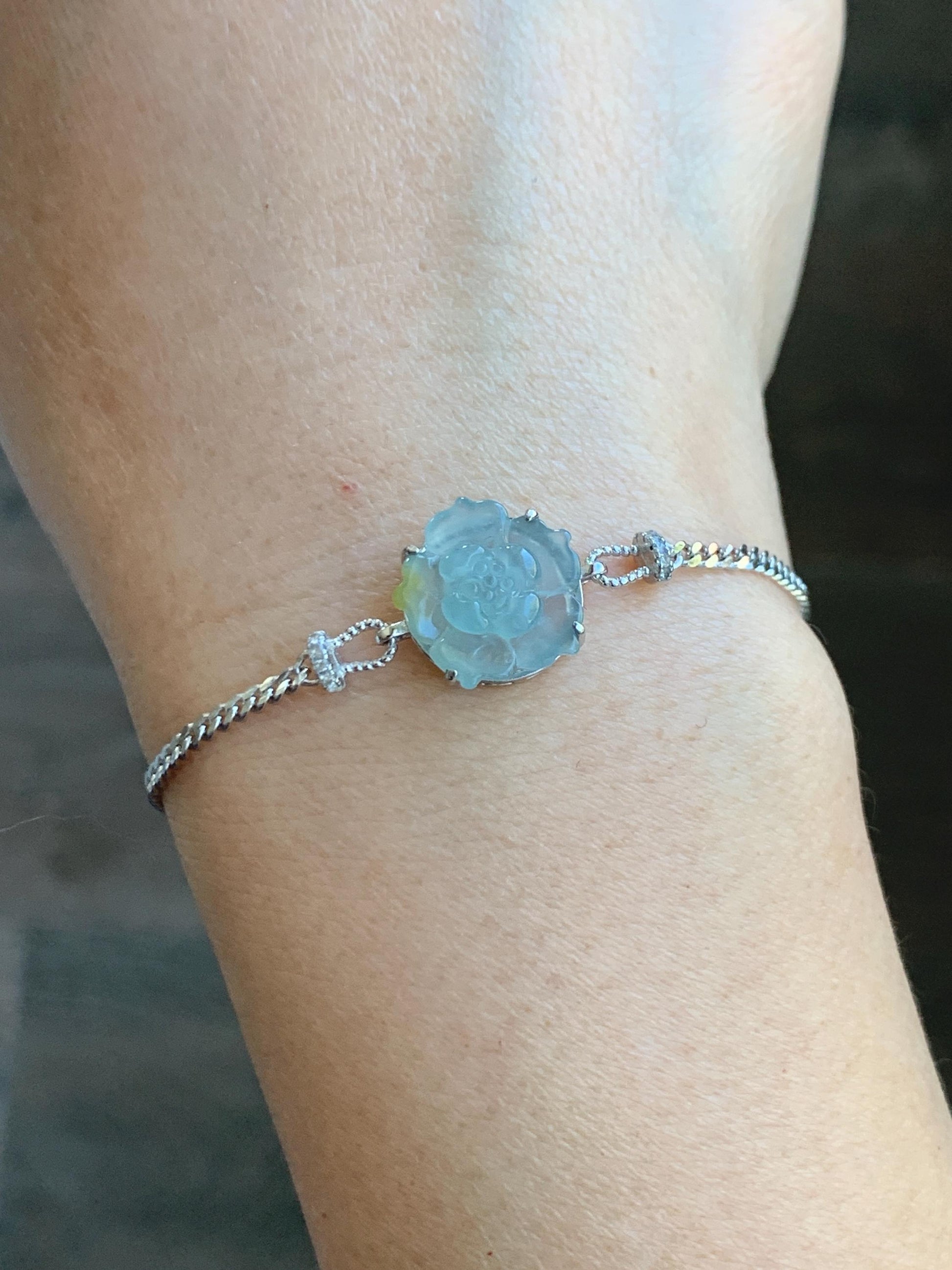 Natural Grade A Guatemalan Icy Translucent Pastel Blue Jadeite Lotus Flower Chain Bracelet Sterling Silver 6.25”-7.5” 天然冰危淡蓝翡翠莲花银手链 QWL110