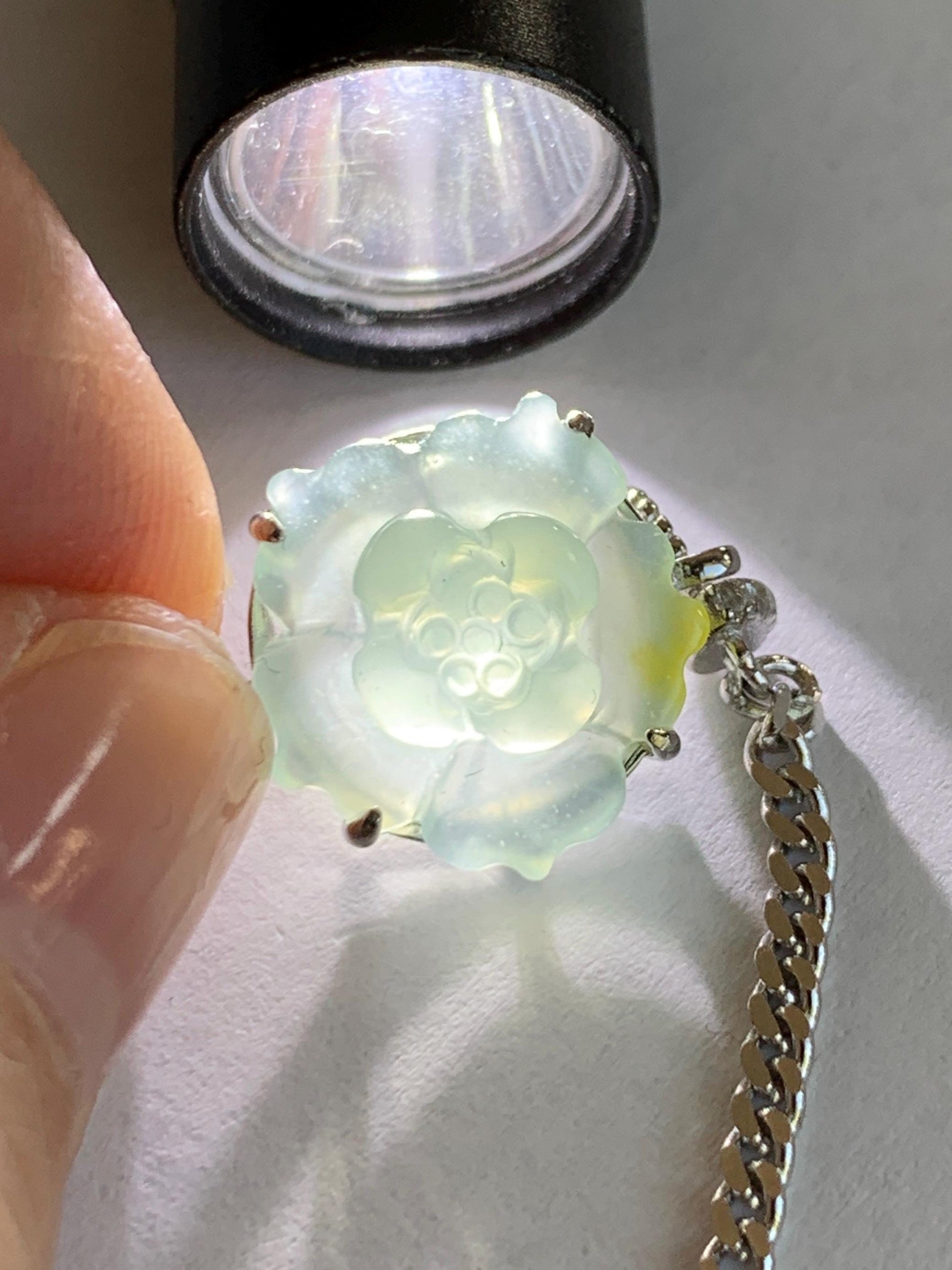 Natural Grade A Guatemalan Icy Translucent Pastel Blue Jadeite Lotus Flower Chain Bracelet Sterling Silver 6.25”-7.5” 天然冰危淡蓝翡翠莲花银手链 QWL110