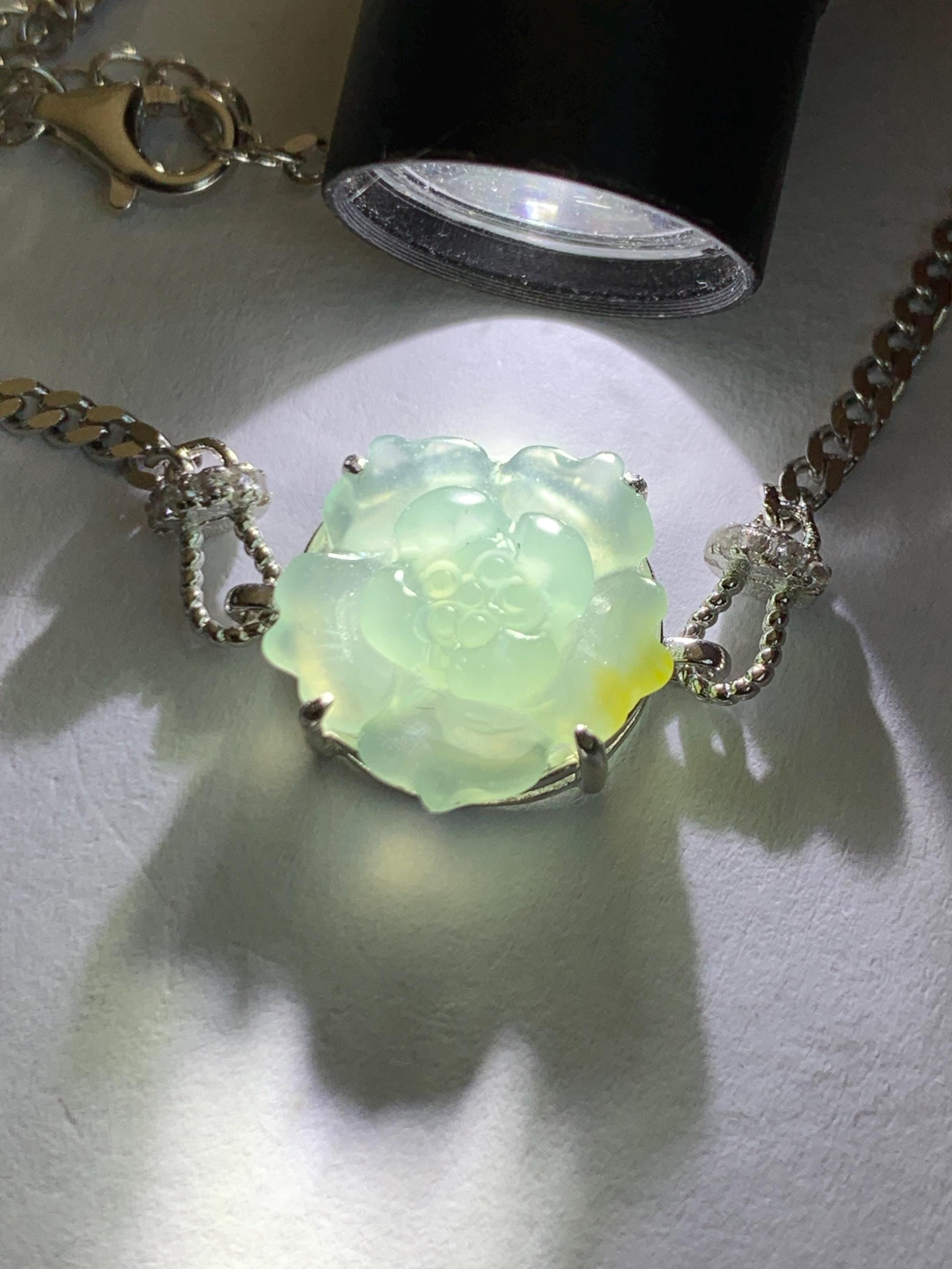 Natural Grade A Guatemalan Icy Translucent Pastel Blue Jadeite Lotus Flower Chain Bracelet Sterling Silver 6.25”-7.5” 天然冰危淡蓝翡翠莲花银手链 QWL110