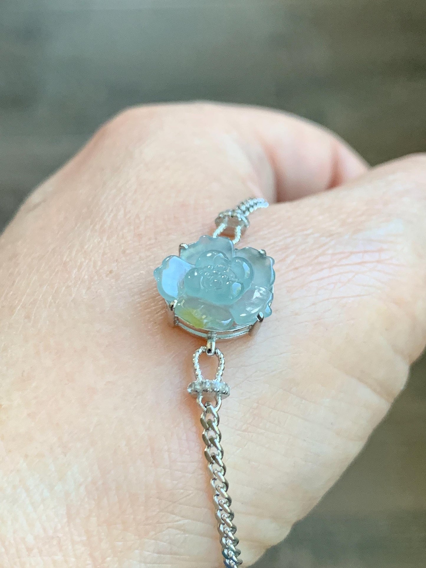 Natural Grade A Guatemalan Icy Translucent Pastel Blue Jadeite Lotus Flower Chain Bracelet Sterling Silver 6.25”-7.5” 天然冰危淡蓝翡翠莲花银手链 QWL110