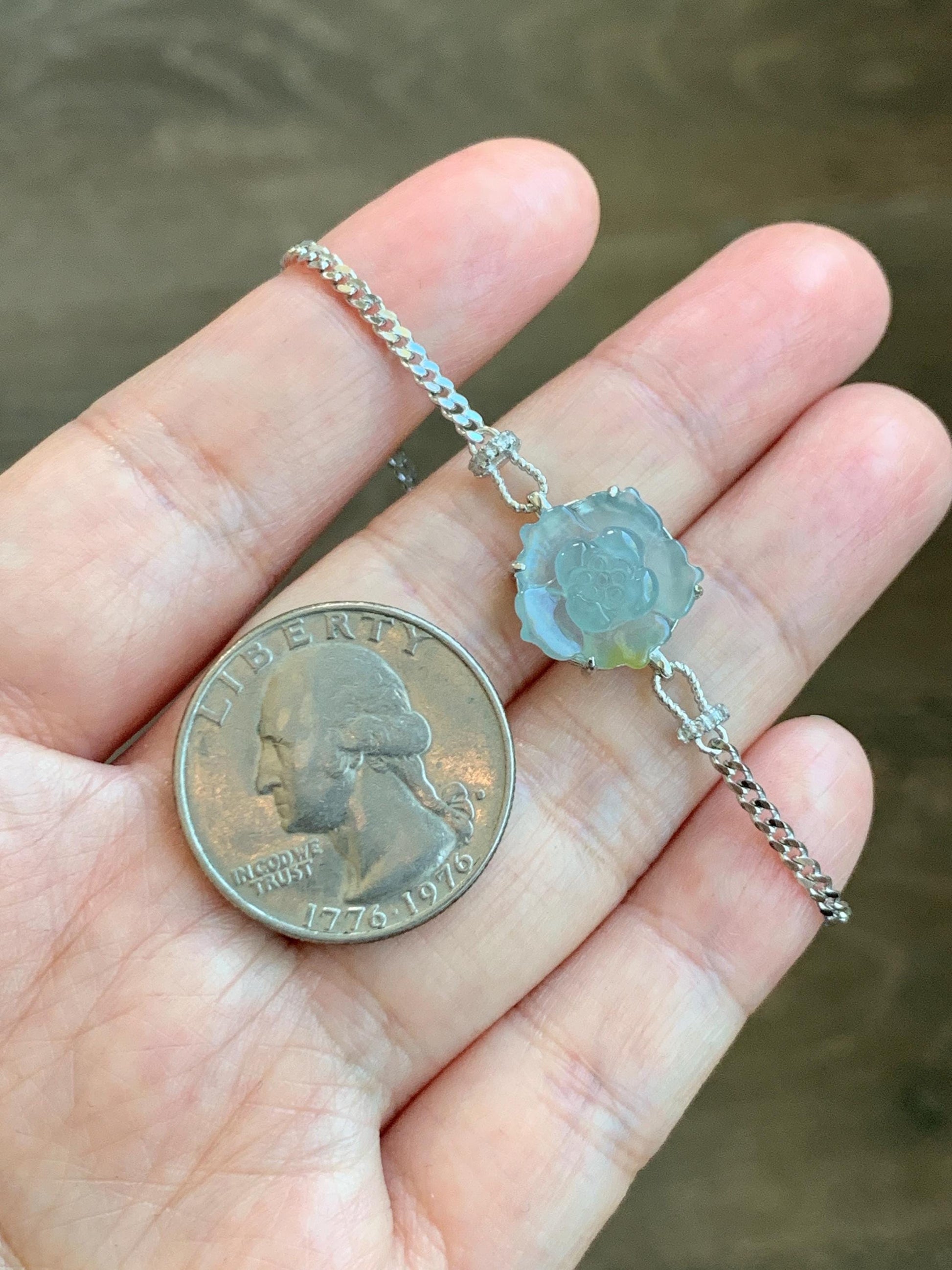 Natural Grade A Guatemalan Icy Translucent Pastel Blue Jadeite Lotus Flower Chain Bracelet Sterling Silver 6.25”-7.5” 天然冰危淡蓝翡翠莲花银手链 QWL110