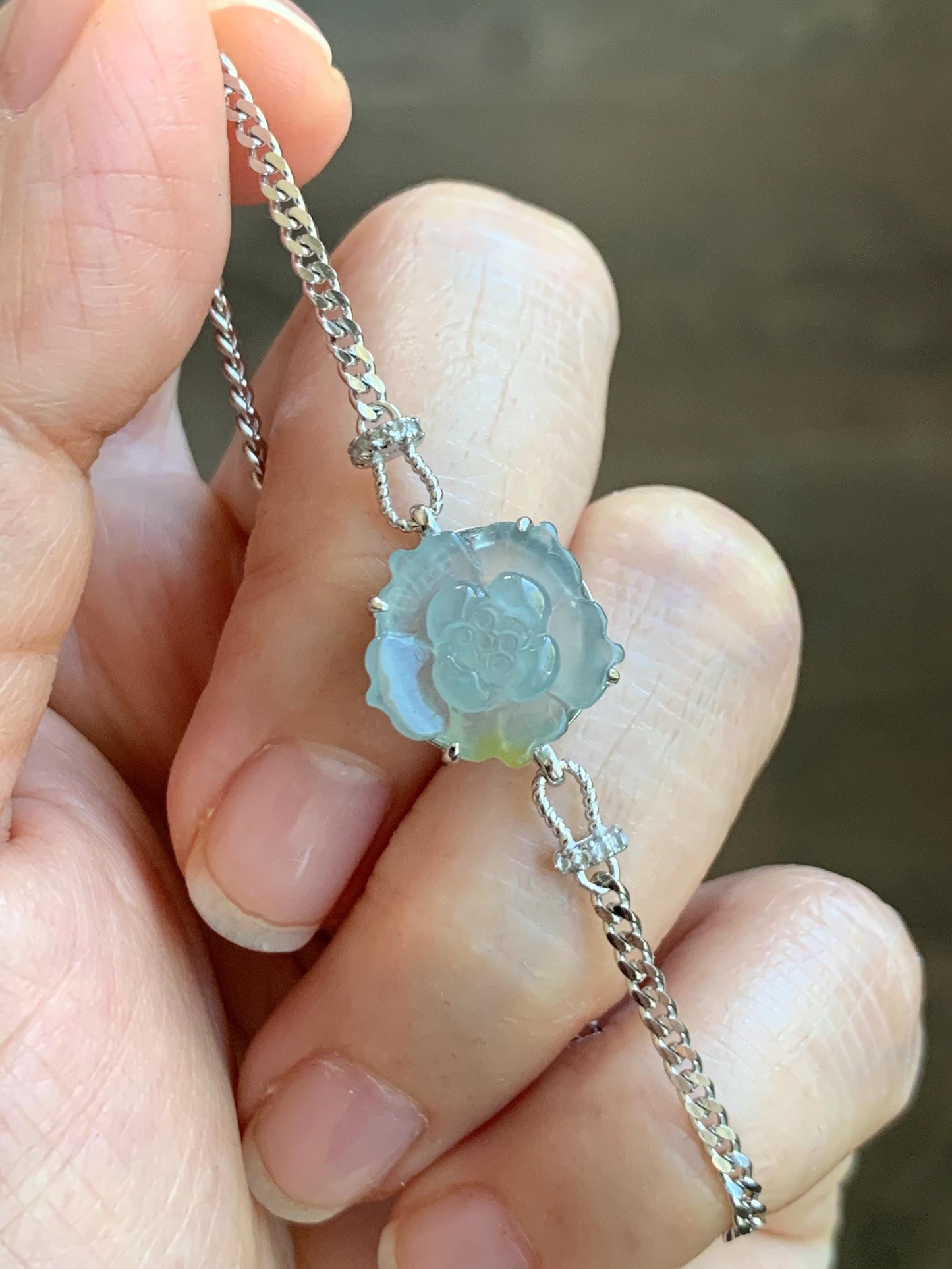 Natural Grade A Guatemalan Icy Translucent Pastel Blue Jadeite Lotus Flower Chain Bracelet Sterling Silver 6.25”-7.5” 天然冰危淡蓝翡翠莲花银手链 QWL110
