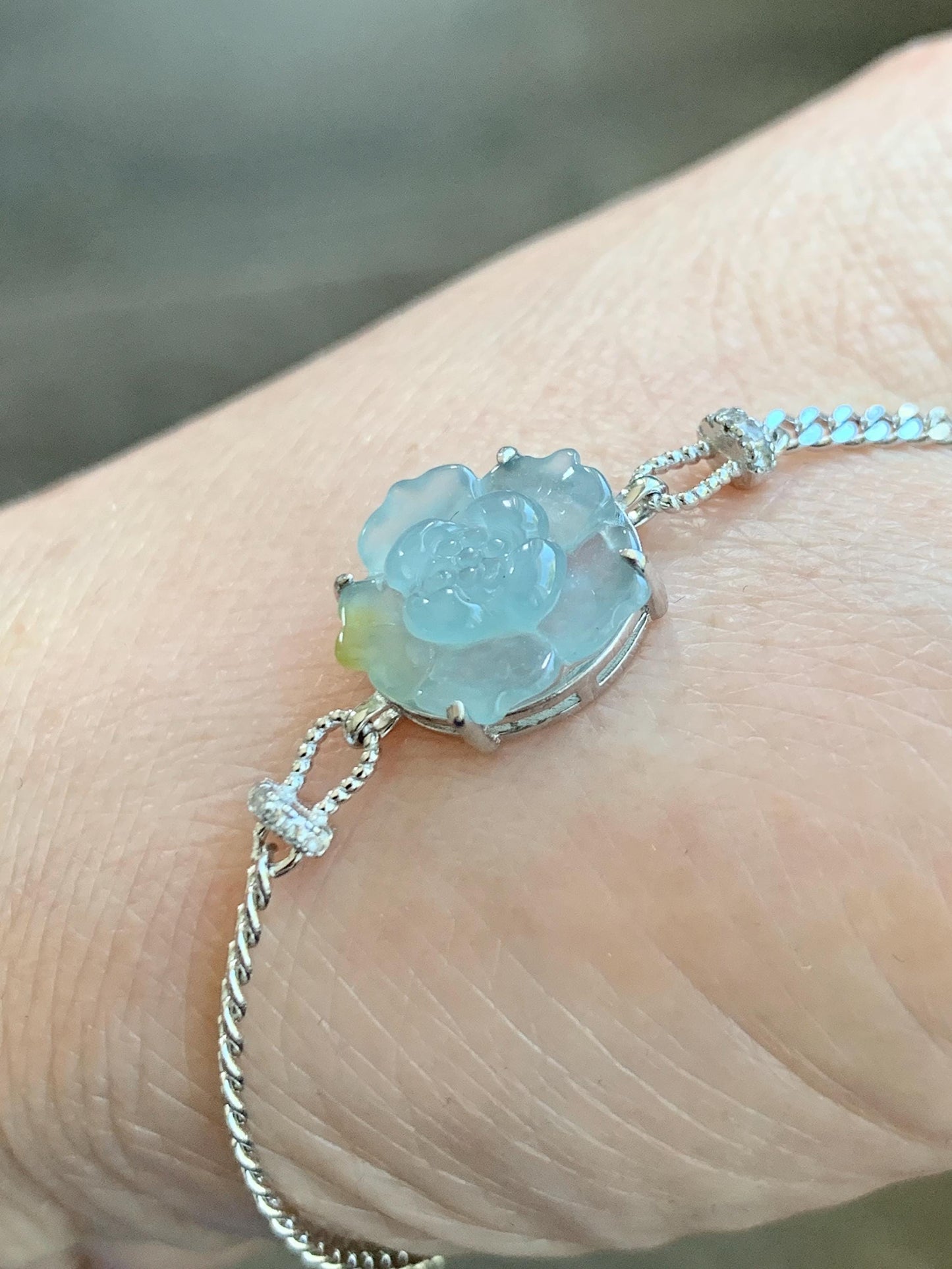 Natural Grade A Guatemalan Icy Translucent Pastel Blue Jadeite Lotus Flower Chain Bracelet Sterling Silver 6.25”-7.5” 天然冰危淡蓝翡翠莲花银手链 QWL110