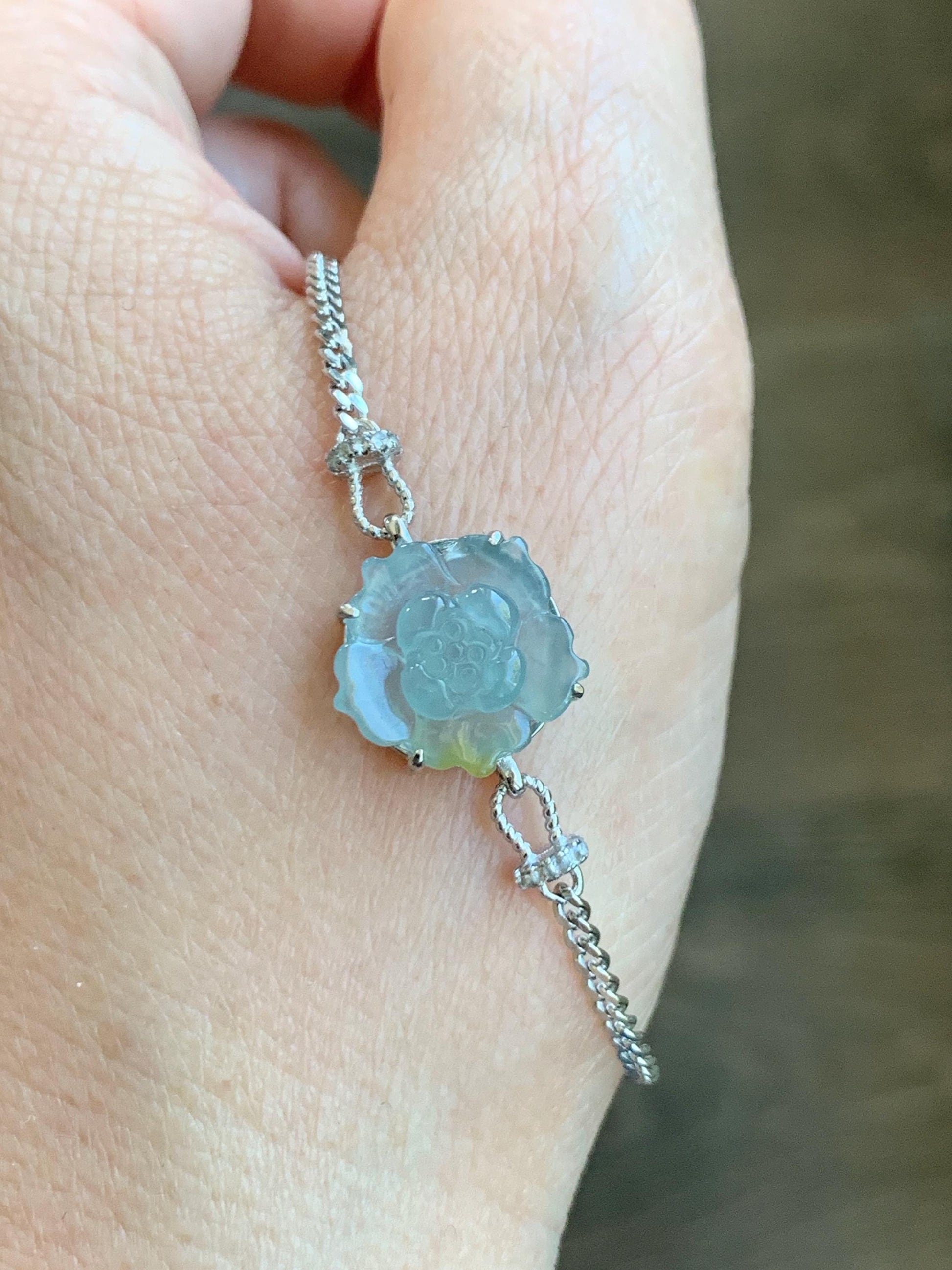 Natural Grade A Guatemalan Icy Translucent Pastel Blue Jadeite Lotus Flower Chain Bracelet Sterling Silver 6.25”-7.5” 天然冰危淡蓝翡翠莲花银手链 QWL110