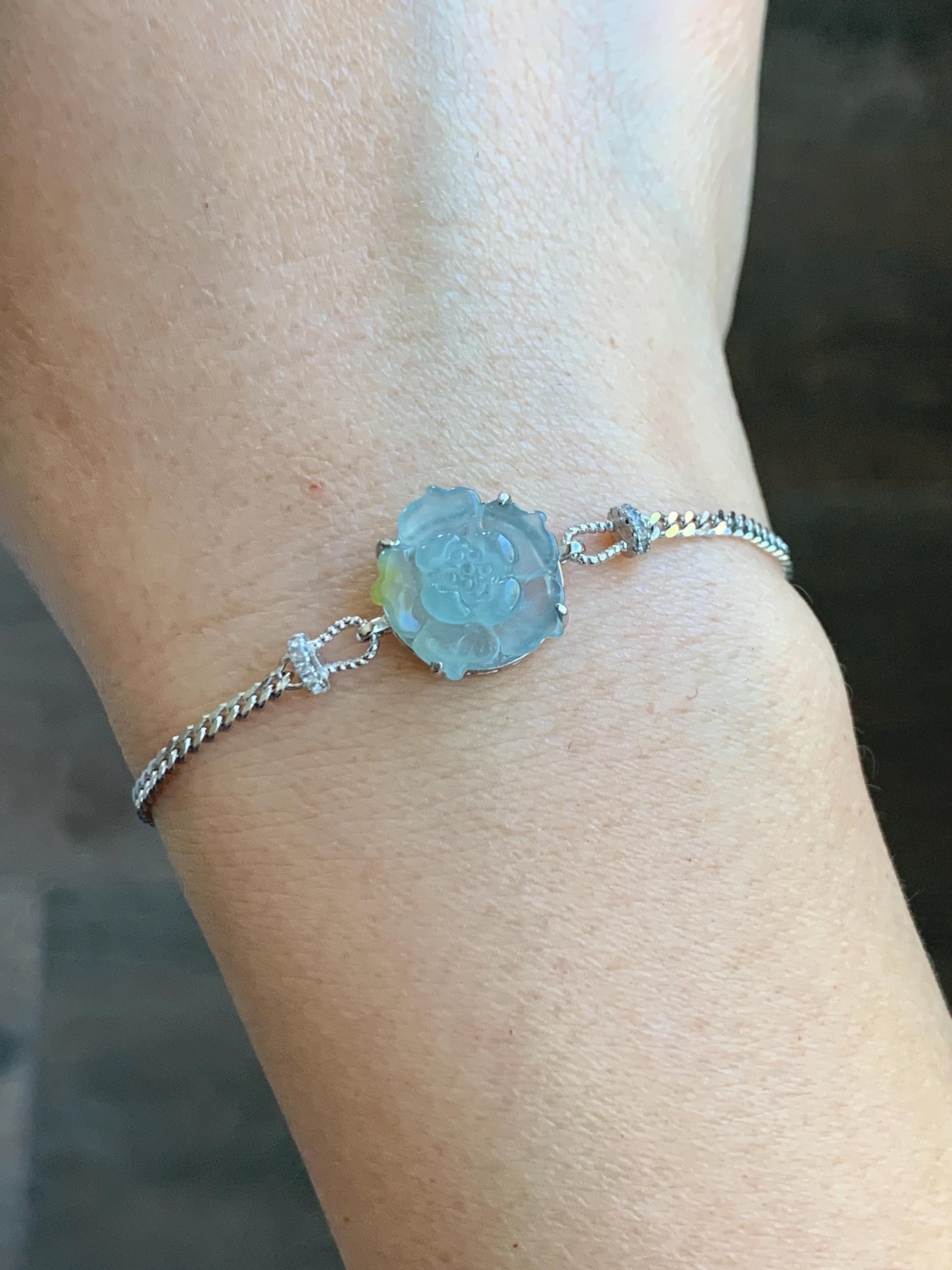Natural Grade A Guatemalan Icy Translucent Pastel Blue Jadeite Lotus Flower Chain Bracelet Sterling Silver 6.25”-7.5” 天然冰危淡蓝翡翠莲花银手链 QWL110