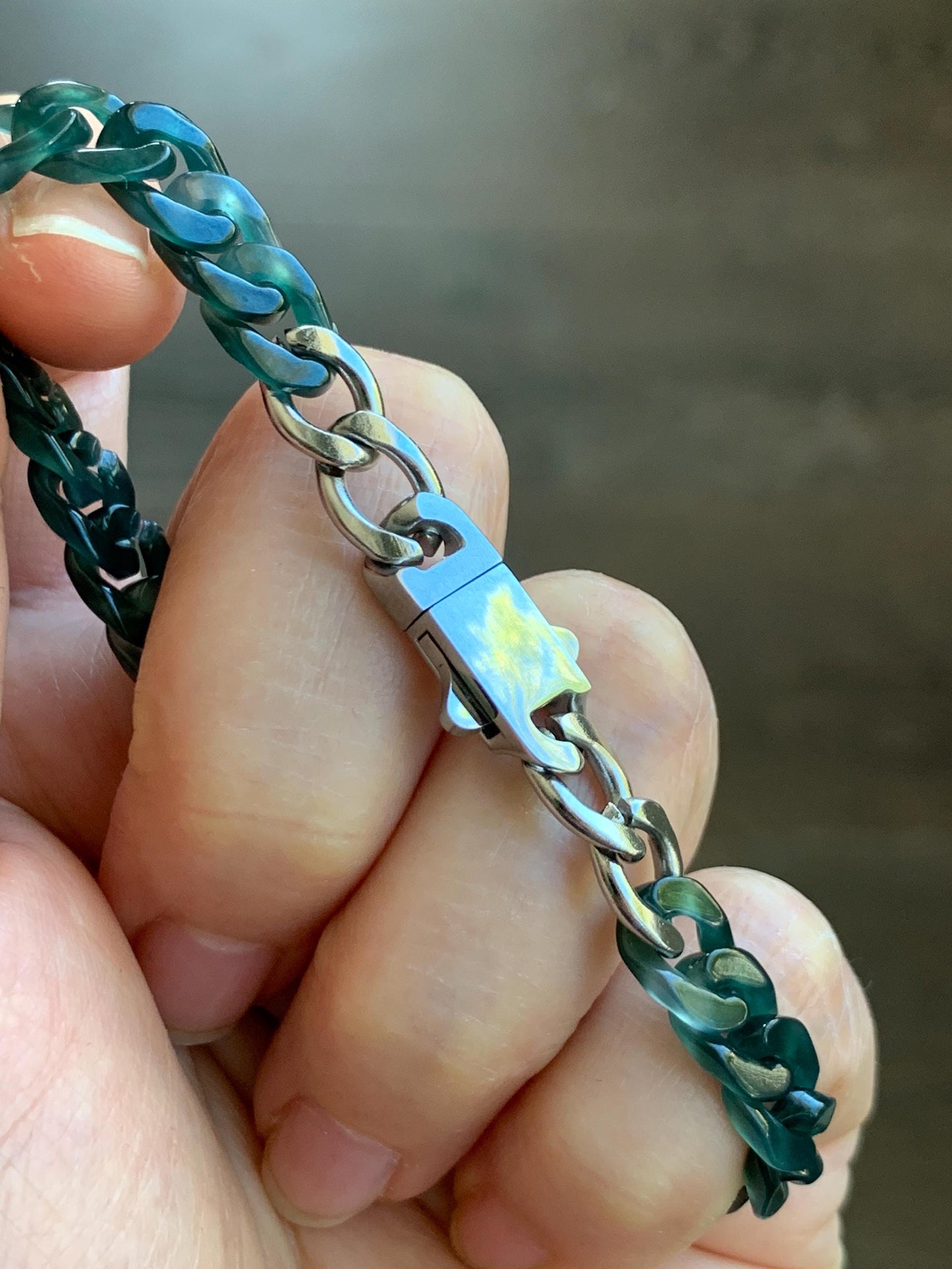 Certified Natural Grade A Guatemalan Icy Translucent Dark Teal Jade Jadeite Carved Curb Chain Bracelet Stainless Steel 7” 天然冰胶危深蓝绿翡翠古巴链手链569