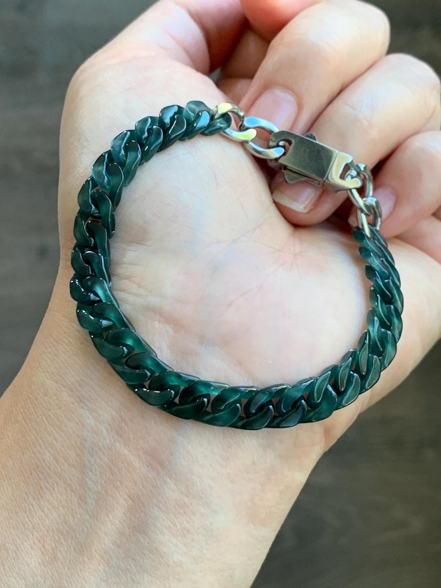 Certified Natural Grade A Guatemalan Icy Translucent Dark Teal Jade Jadeite Carved Curb Chain Bracelet Stainless Steel 7” 天然冰胶危深蓝绿翡翠古巴链手链569