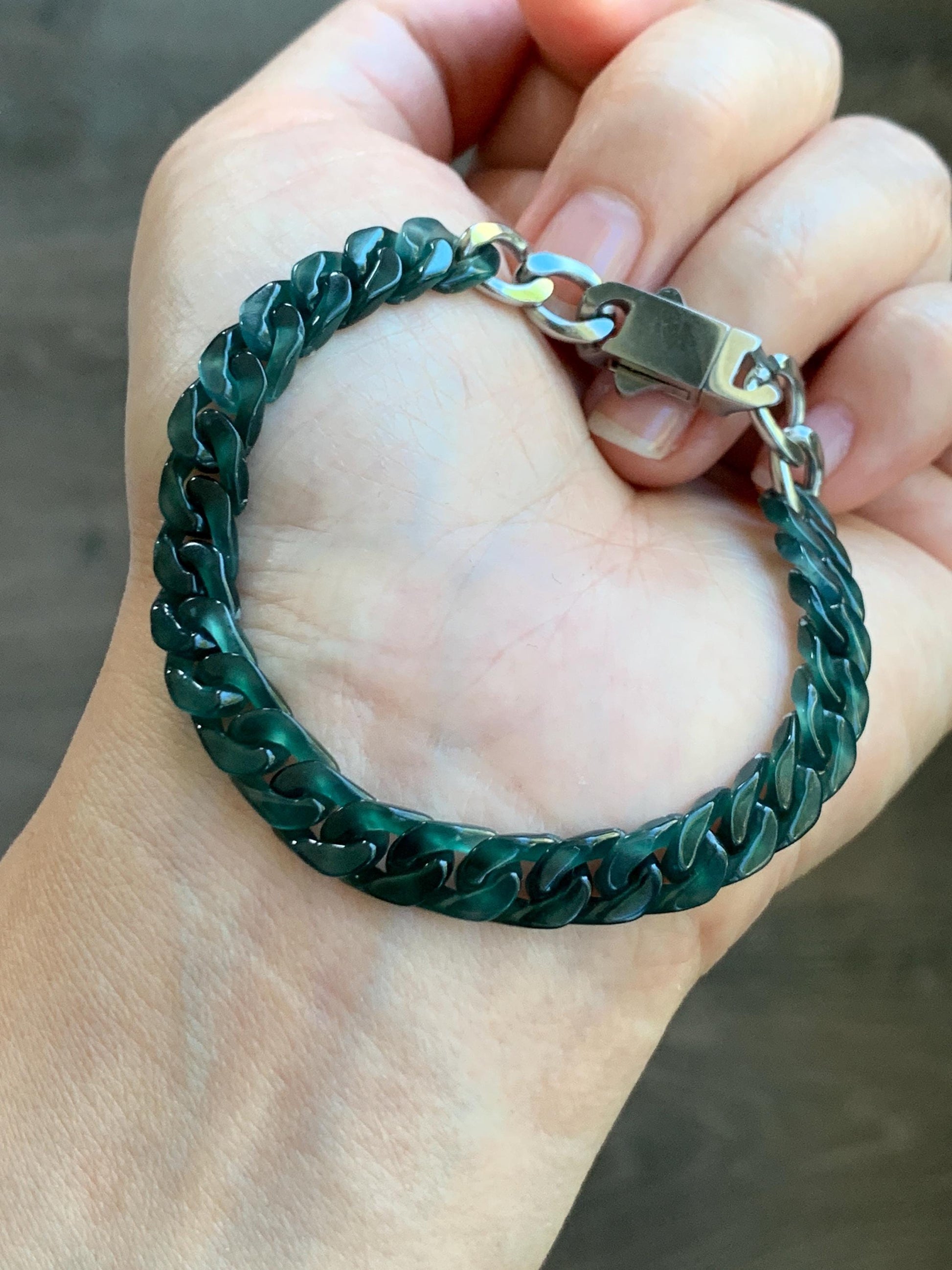 Certified Natural Grade A Guatemalan Icy Translucent Dark Teal Jade Jadeite Carved Curb Chain Bracelet Stainless Steel 7” 天然冰胶危深蓝绿翡翠古巴链手链569