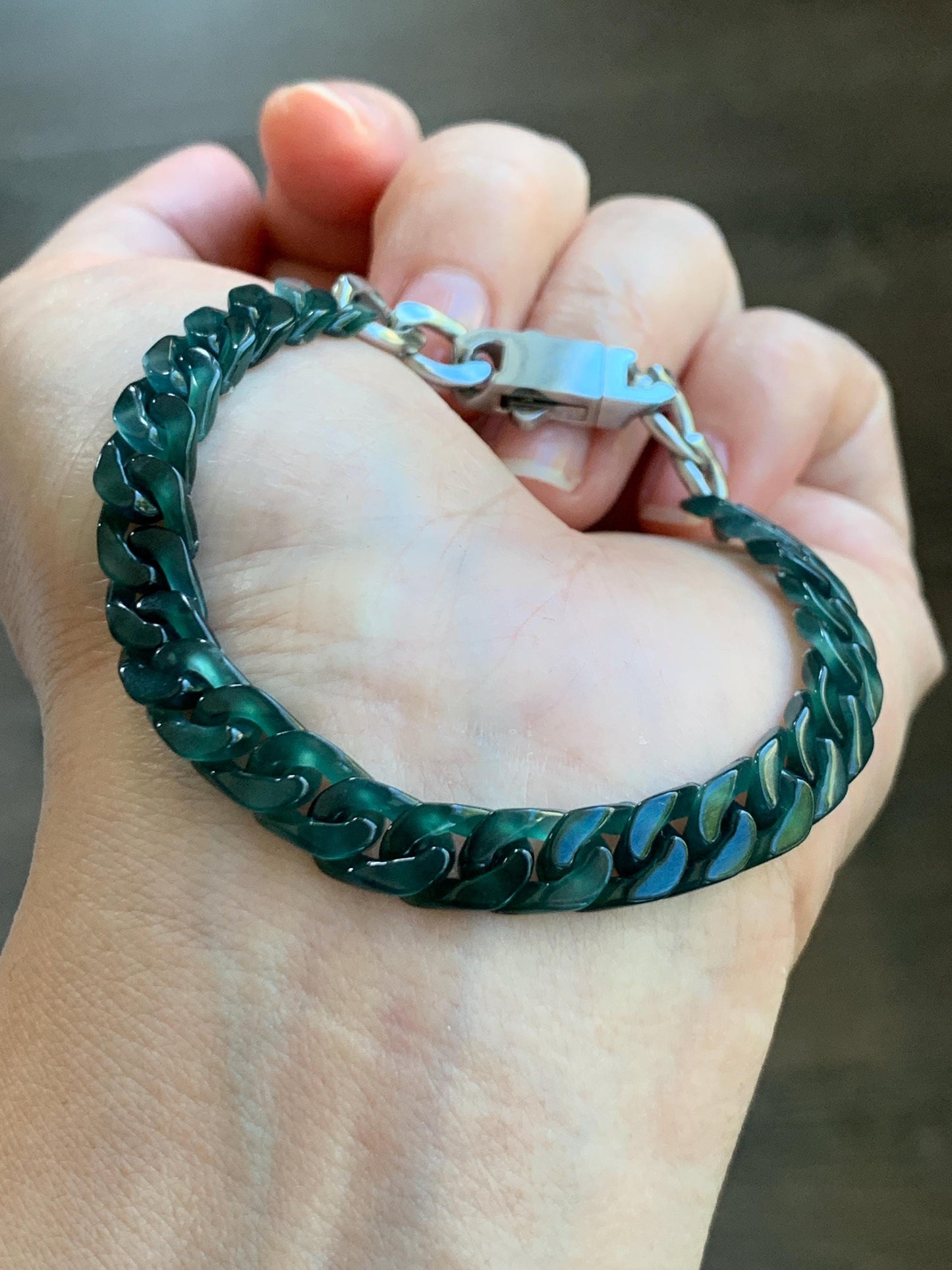 Certified Natural Grade A Guatemalan Icy Translucent Dark Teal Jade Jadeite Carved Curb Chain Bracelet Stainless Steel 7” 天然冰胶危深蓝绿翡翠古巴链手链569