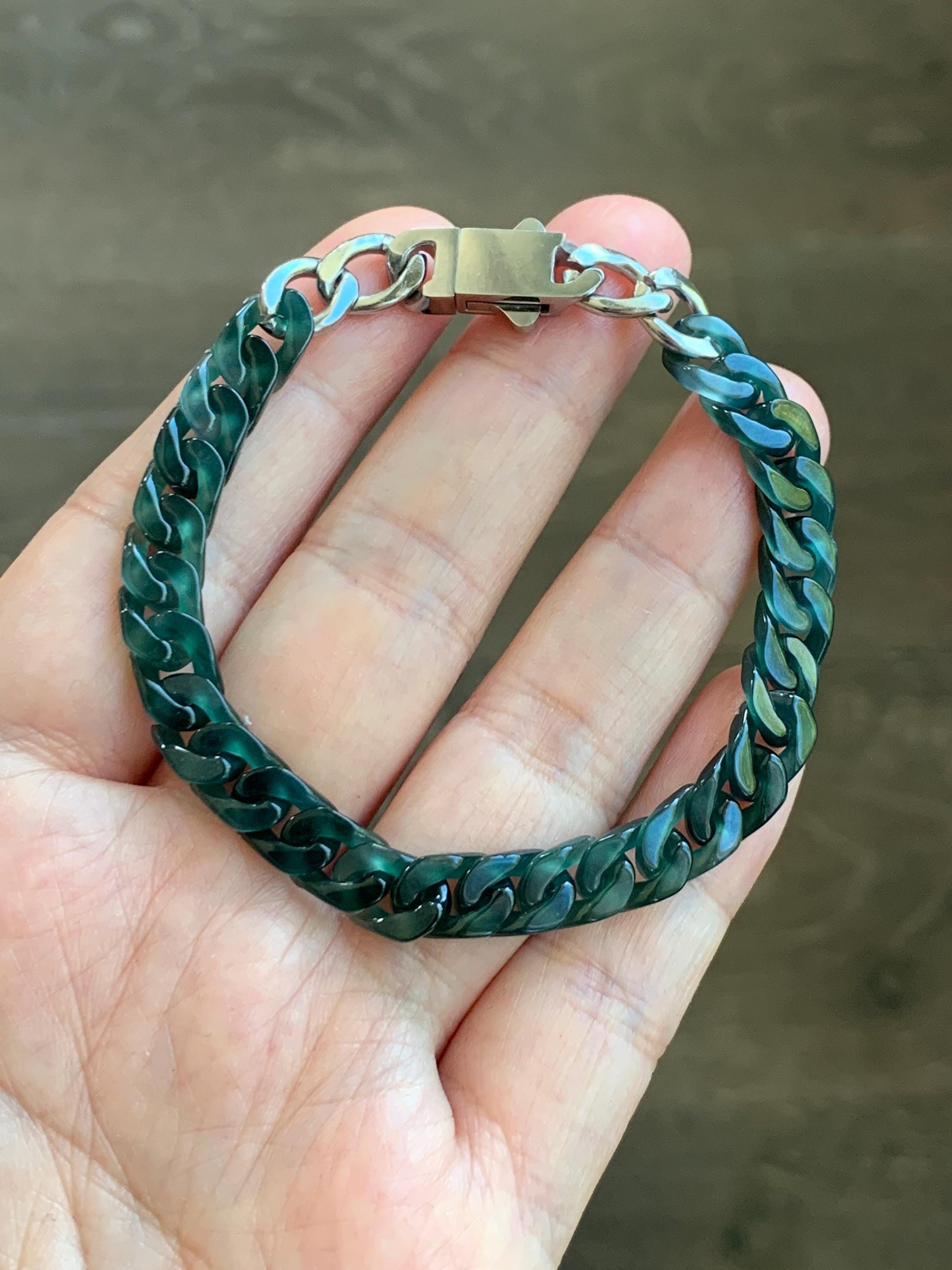 Certified Natural Grade A Guatemalan Icy Translucent Dark Teal Jade Jadeite Carved Curb Chain Bracelet Stainless Steel 7” 天然冰胶危深蓝绿翡翠古巴链手链569