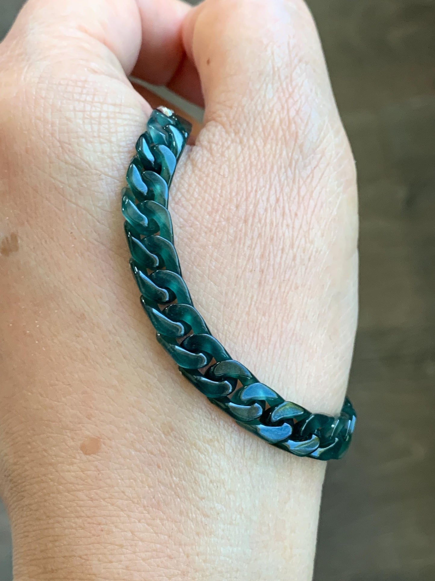 Certified Natural Grade A Guatemalan Icy Translucent Dark Teal Jade Jadeite Carved Curb Chain Bracelet Stainless Steel 7” 天然冰胶危深蓝绿翡翠古巴链手链569