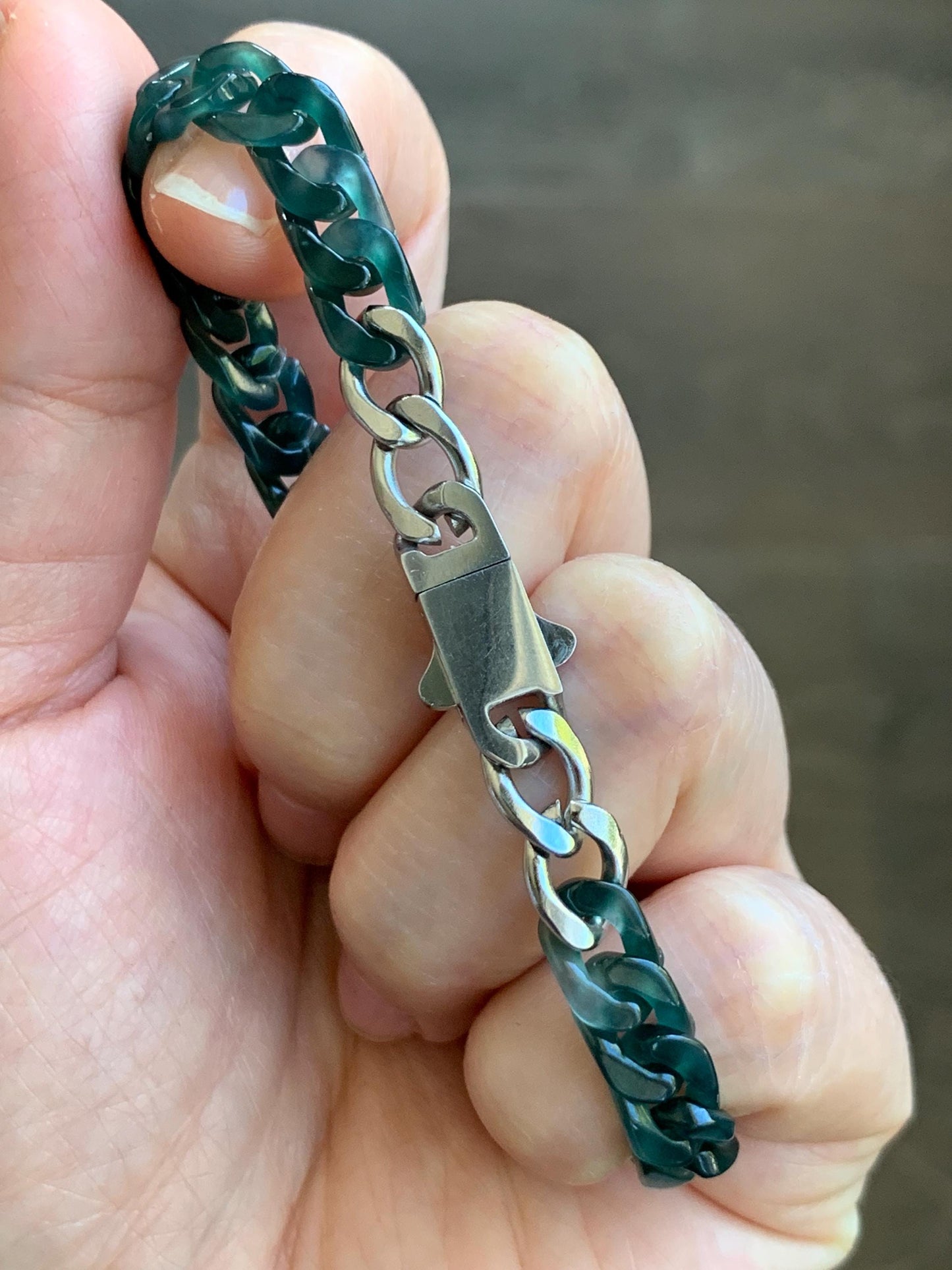 Certified Natural Grade A Guatemalan Icy Translucent Dark Teal Jade Jadeite Carved Curb Chain Bracelet Stainless Steel 7” 天然冰胶危深蓝绿翡翠古巴链手链569