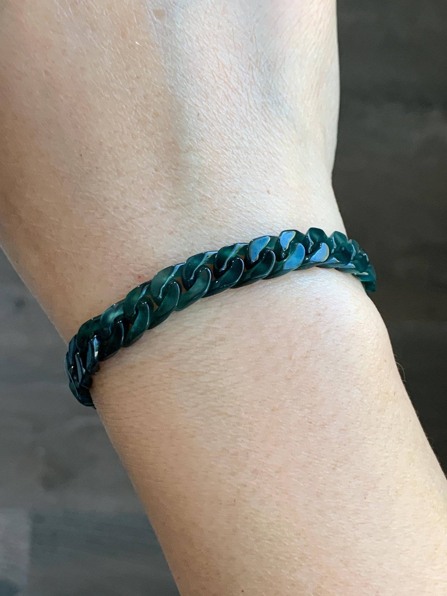 Certified Natural Grade A Guatemalan Icy Translucent Dark Teal Jade Jadeite Carved Curb Chain Bracelet Stainless Steel 7” 天然冰胶危深蓝绿翡翠古巴链手链569