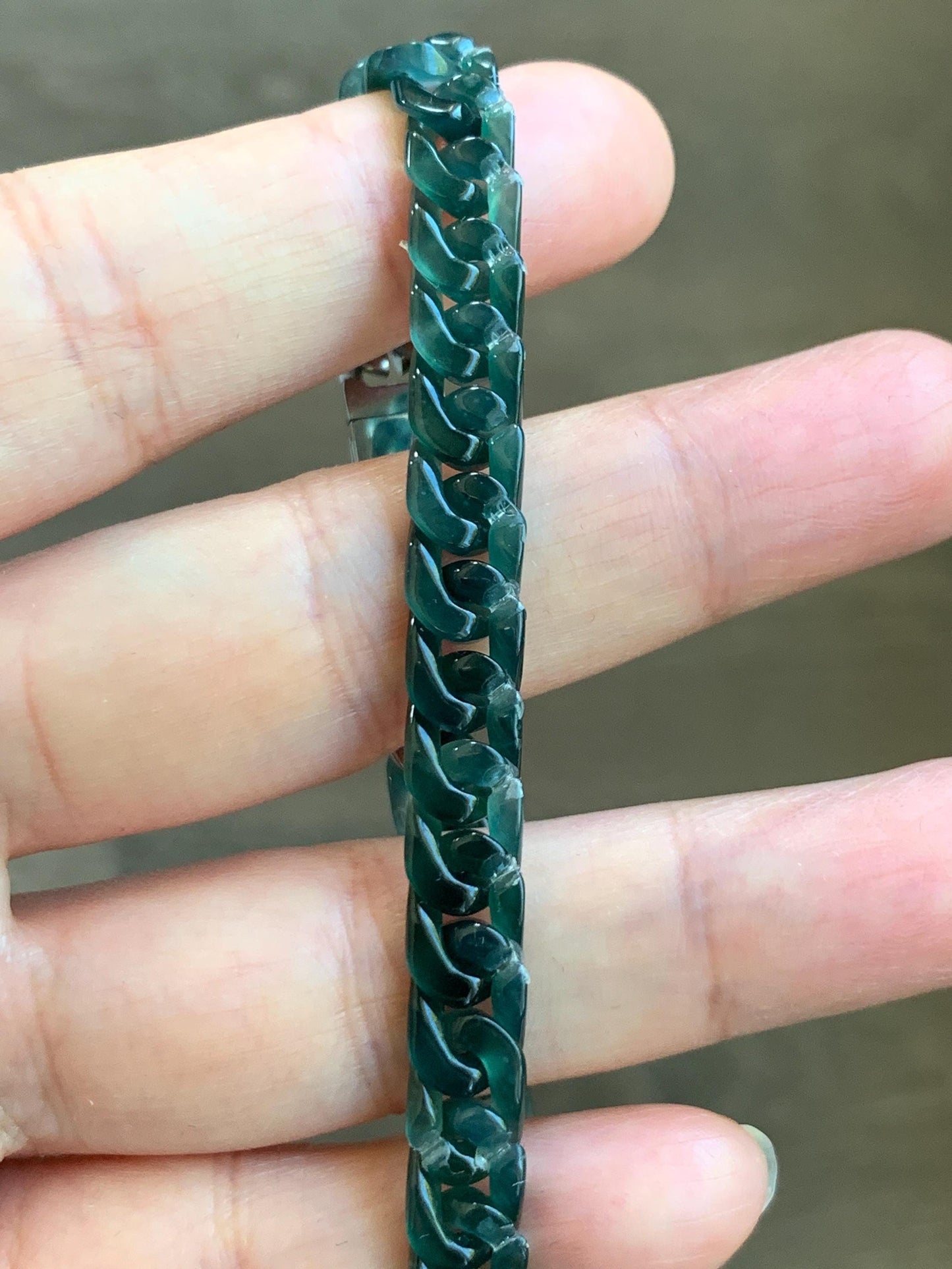 Certified Natural Grade A Guatemalan Icy Translucent Dark Teal Jade Jadeite Carved Curb Chain Bracelet Stainless Steel 7” 天然冰胶危深蓝绿翡翠古巴链手链569