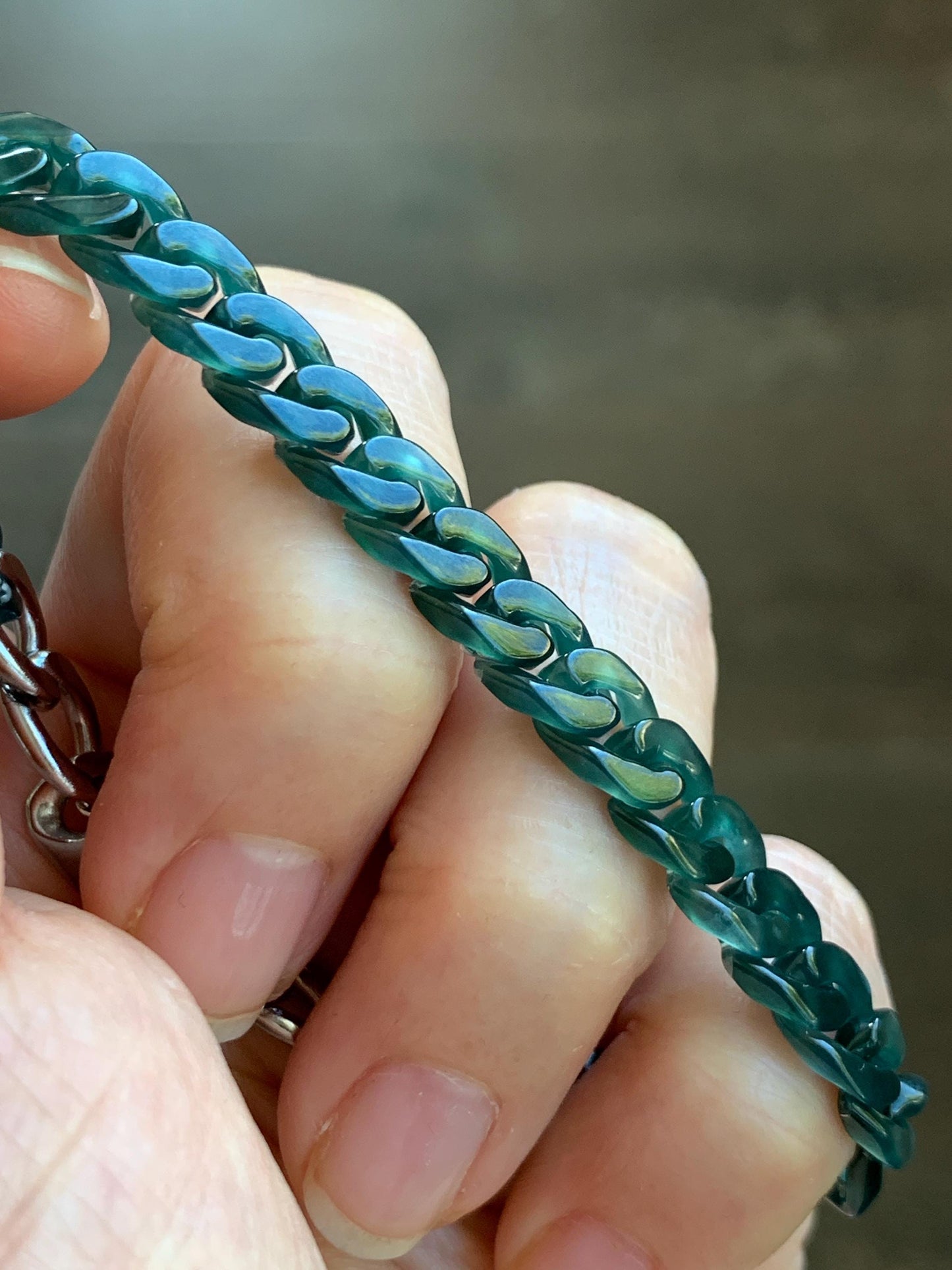 Certified Natural Grade A Guatemalan Icy Translucent Dark Teal Jade Jadeite Carved Curb Chain Bracelet Stainless Steel 7” 天然冰胶危深蓝绿翡翠古巴链手链569