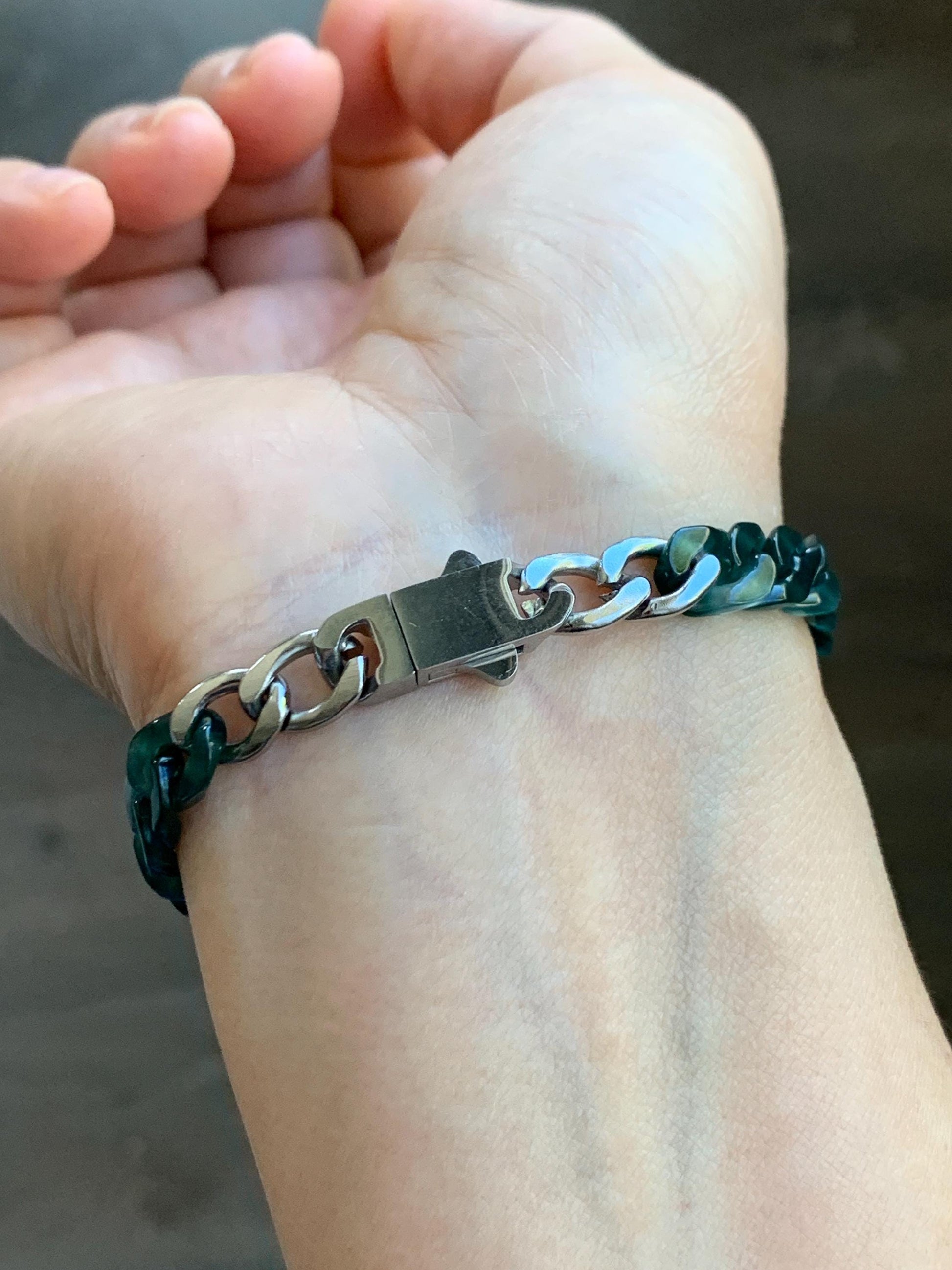 Certified Natural Grade A Guatemalan Icy Translucent Dark Teal Jade Jadeite Carved Curb Chain Bracelet Stainless Steel 7” 天然冰胶危深蓝绿翡翠古巴链手链569