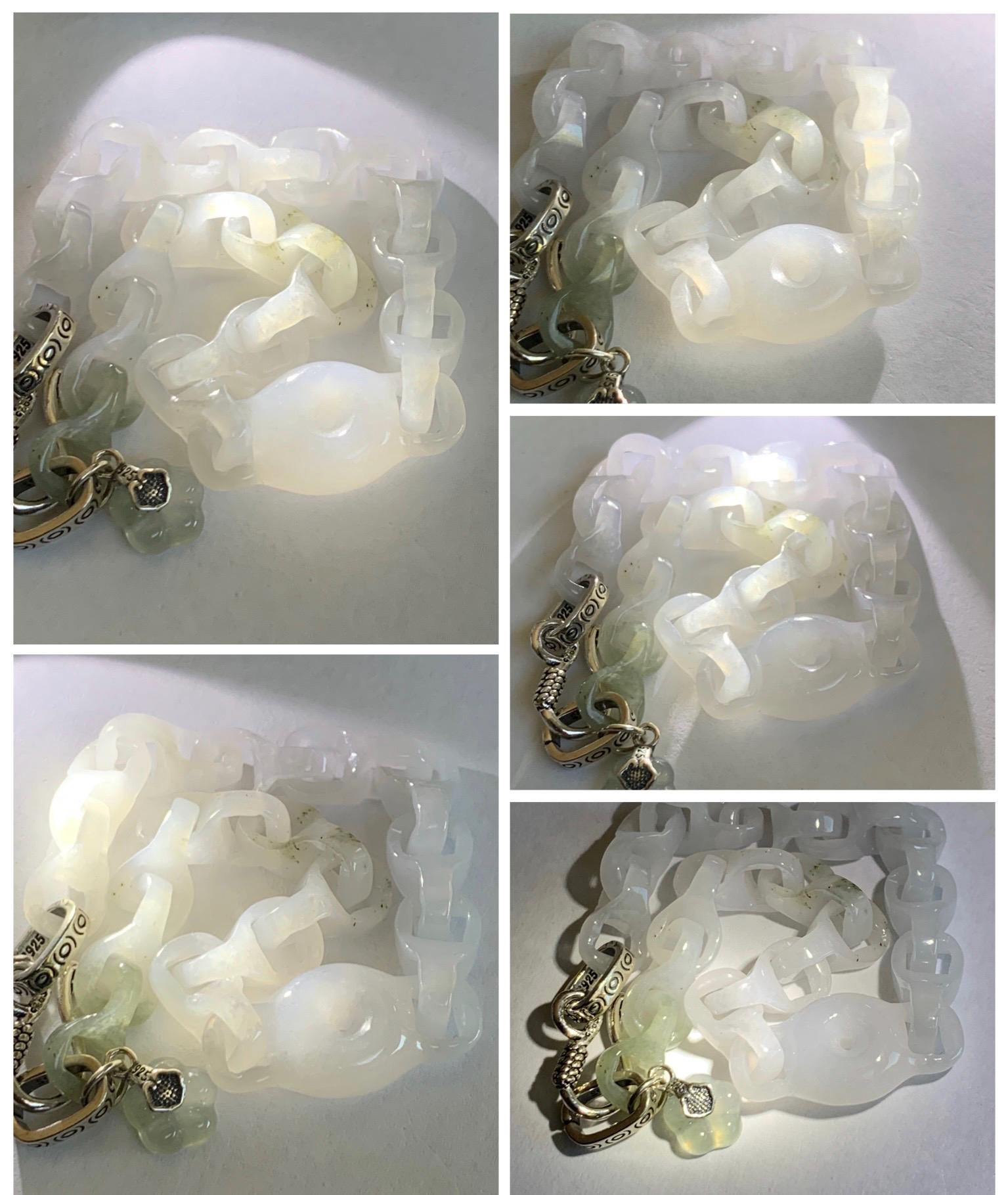 Certified Natural Grade A Icy White Jade Jadeite Interlocking Dragon Bone Chain & Donut Bracelet Sterling Silver 8” 天然白冰淡紫底翡翠龙骨链平安扣手链 570