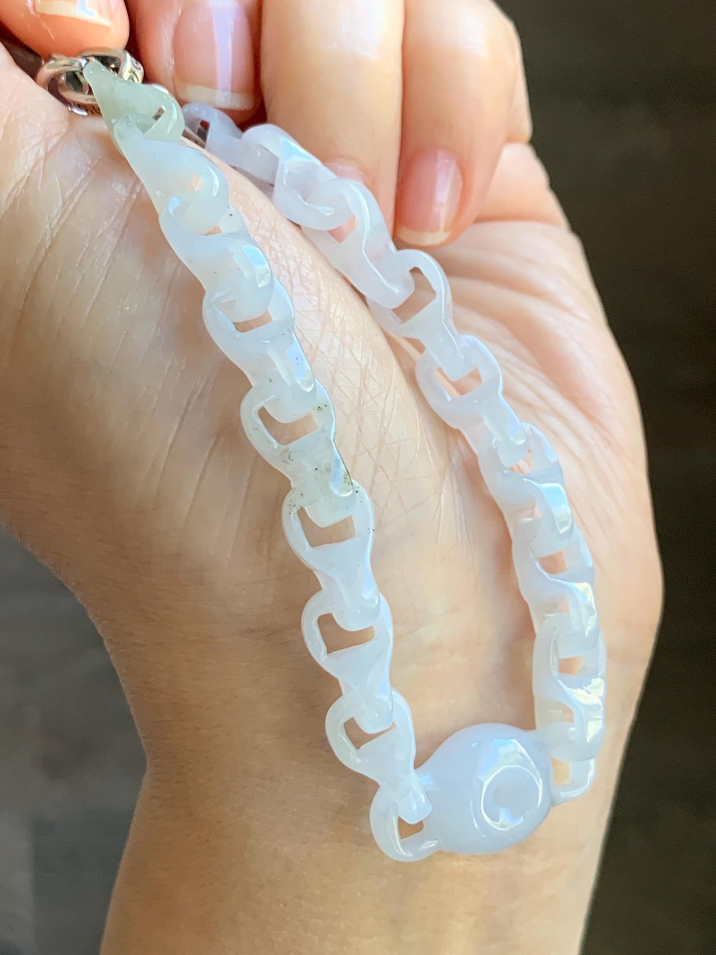 Certified Natural Grade A Icy White Jade Jadeite Interlocking Dragon Bone Chain & Donut Bracelet Sterling Silver 8” 天然白冰淡紫底翡翠龙骨链平安扣手链 570