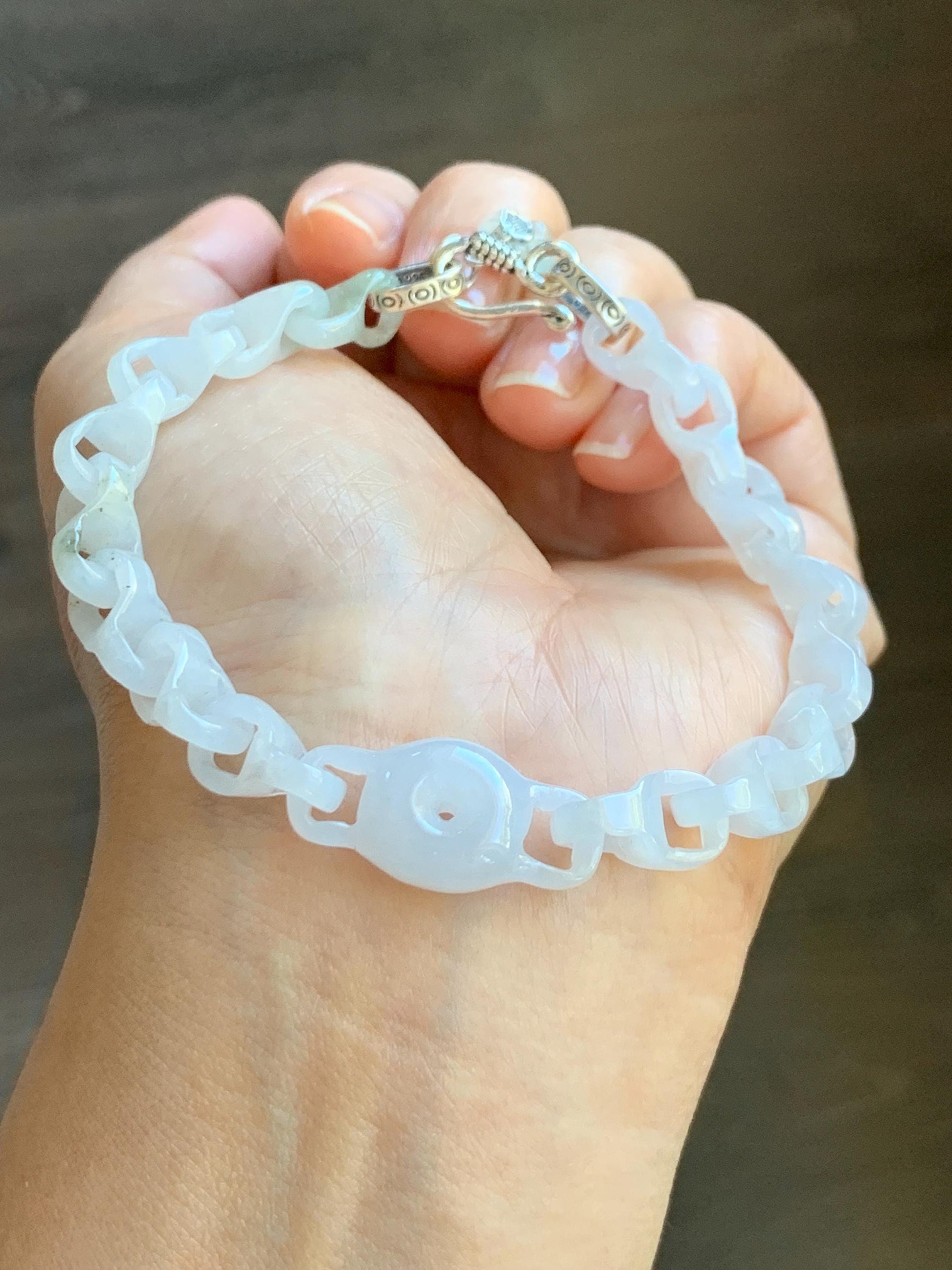 Certified Natural Grade A Icy White Jade Jadeite Interlocking Dragon Bone Chain & Donut Bracelet Sterling Silver 8” 天然白冰淡紫底翡翠龙骨链平安扣手链 570