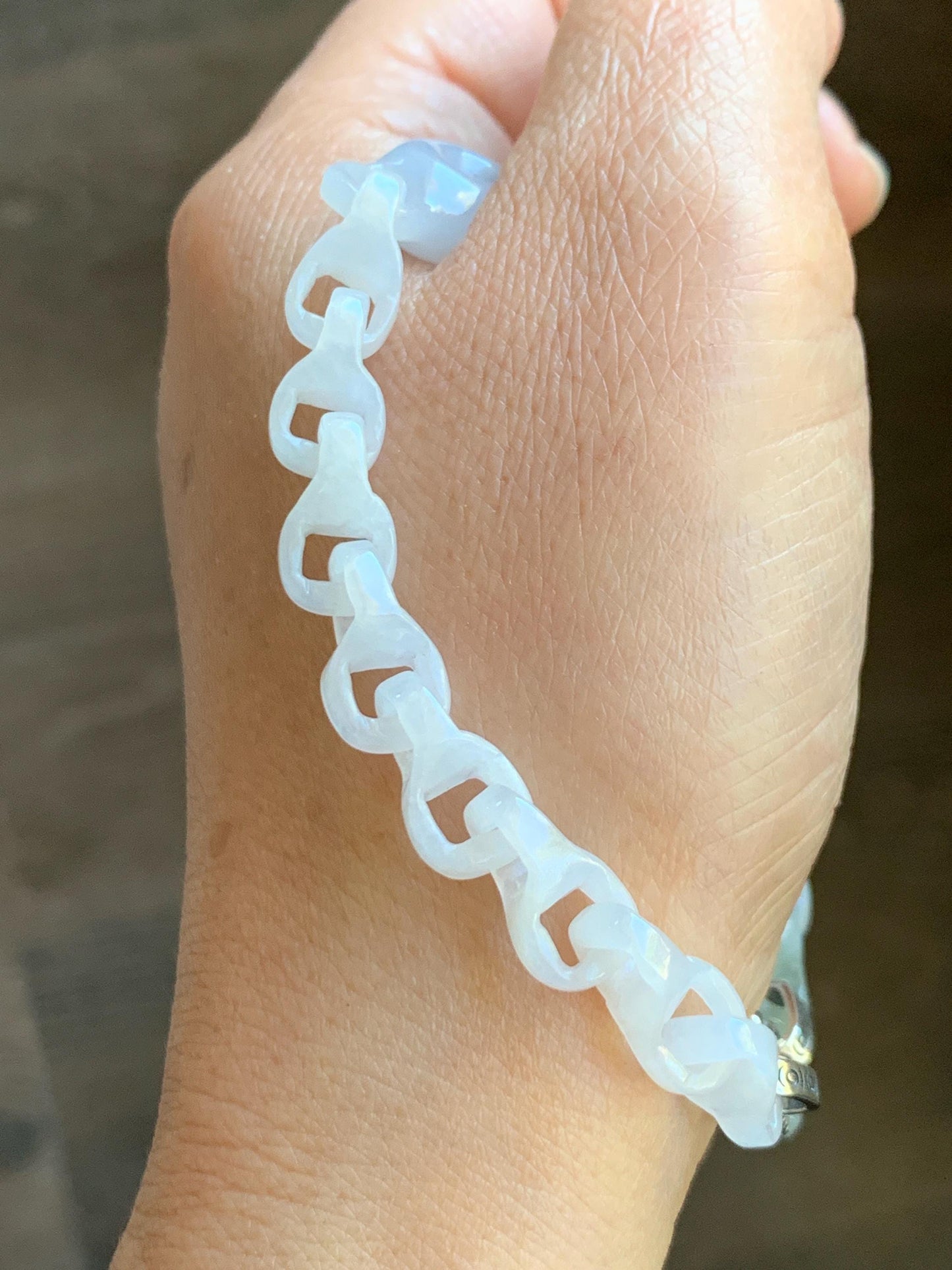 Certified Natural Grade A Icy White Jade Jadeite Interlocking Dragon Bone Chain & Donut Bracelet Sterling Silver 8” 天然白冰淡紫底翡翠龙骨链平安扣手链 570
