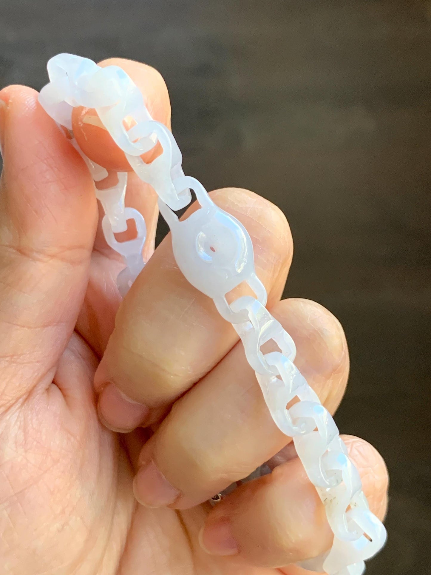 Certified Natural Grade A Icy White Jade Jadeite Interlocking Dragon Bone Chain & Donut Bracelet Sterling Silver 8” 天然白冰淡紫底翡翠龙骨链平安扣手链 570