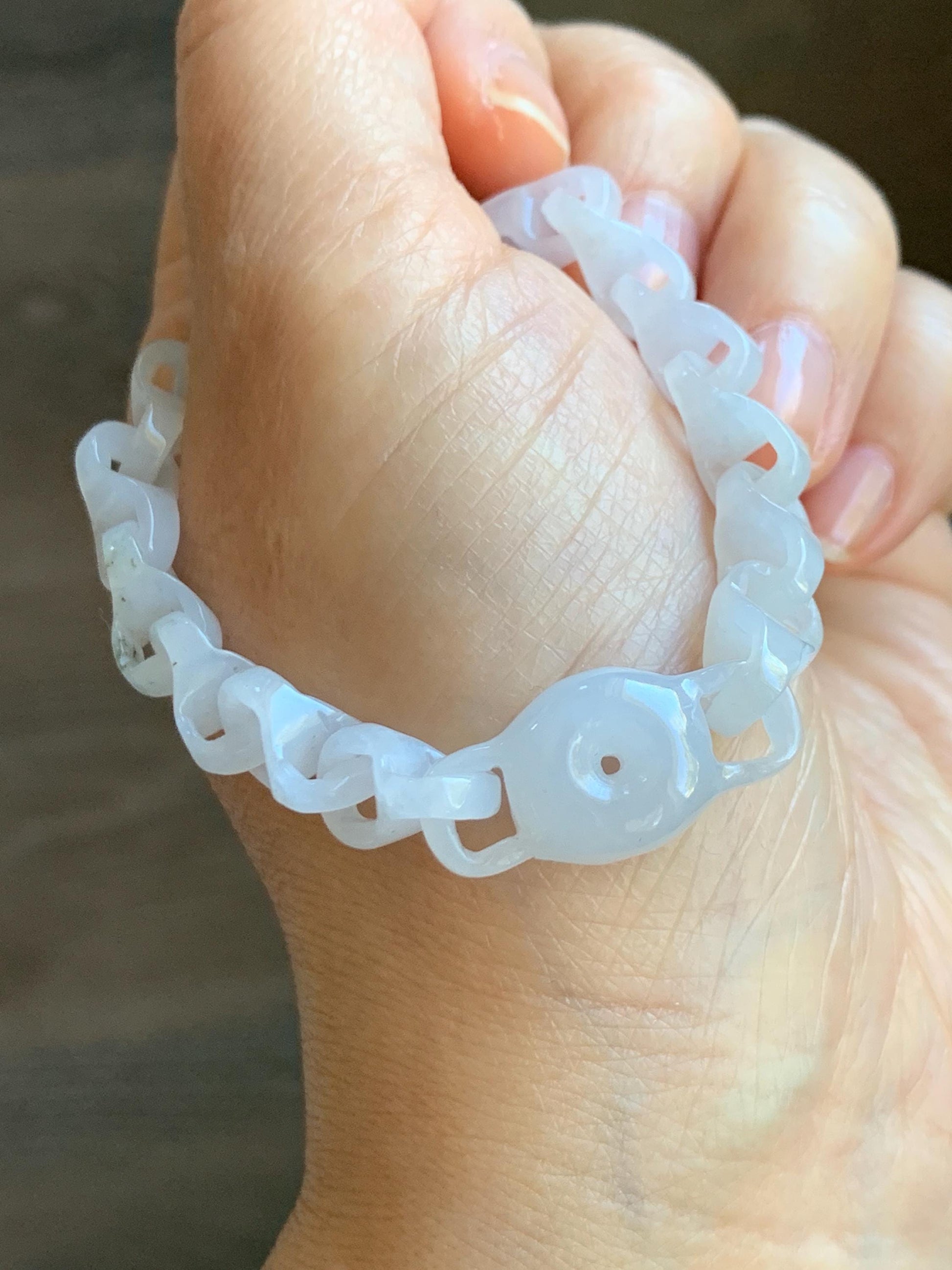 Certified Natural Grade A Icy White Jade Jadeite Interlocking Dragon Bone Chain & Donut Bracelet Sterling Silver 8” 天然白冰淡紫底翡翠龙骨链平安扣手链 570