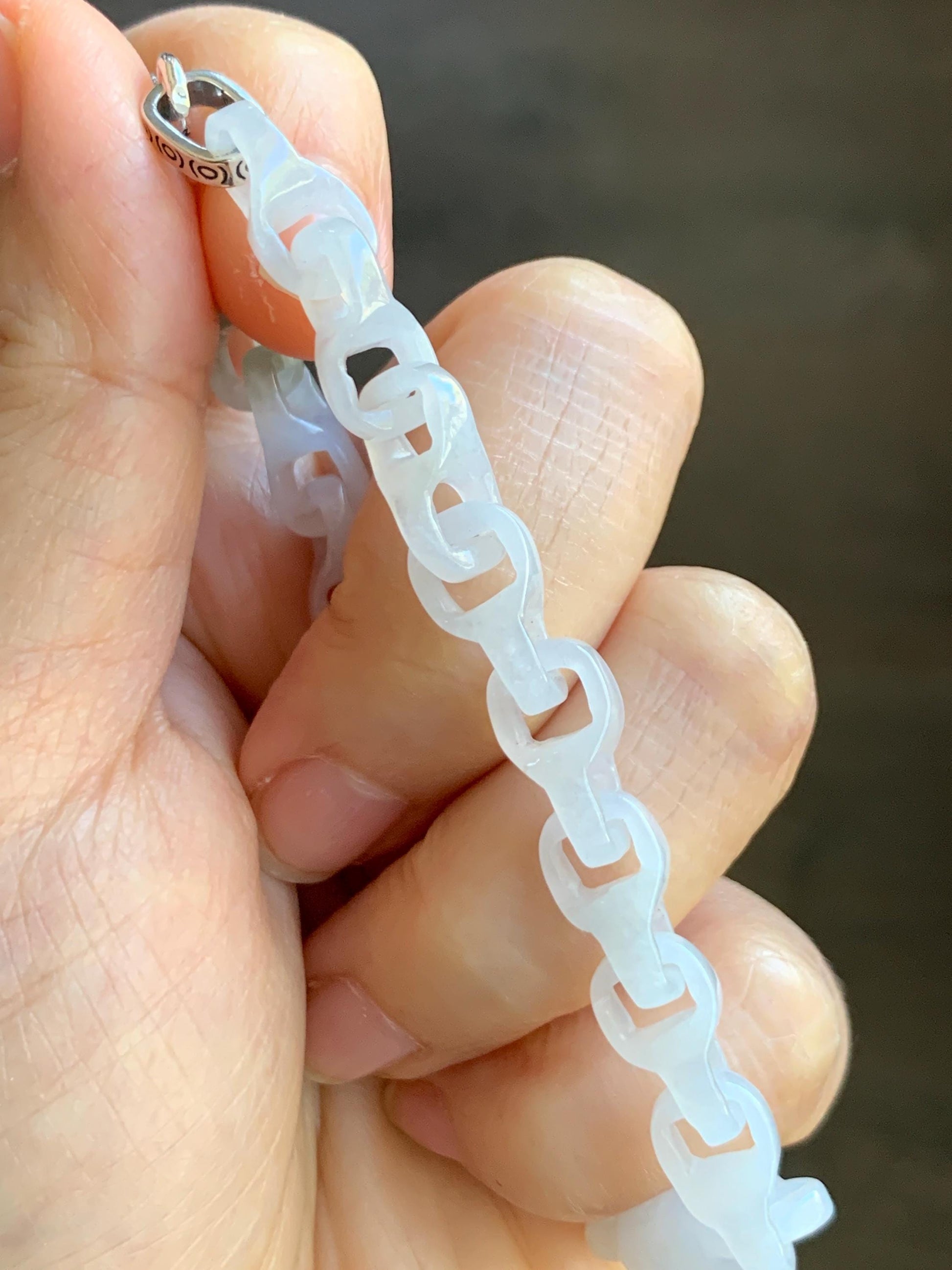 Certified Natural Grade A Icy White Jade Jadeite Interlocking Dragon Bone Chain & Donut Bracelet Sterling Silver 8” 天然白冰淡紫底翡翠龙骨链平安扣手链 570