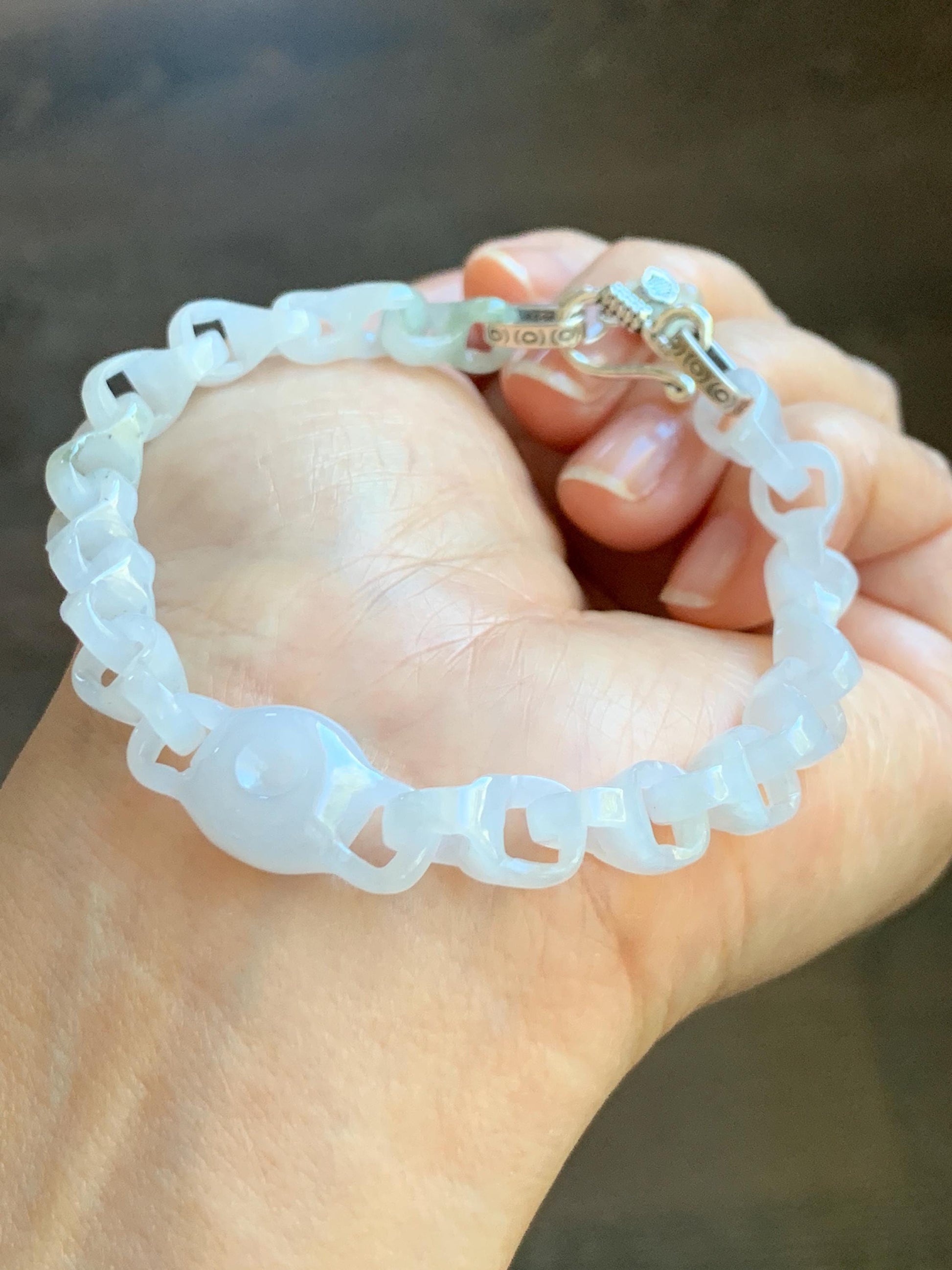 Certified Natural Grade A Icy White Jade Jadeite Interlocking Dragon Bone Chain & Donut Bracelet Sterling Silver 8” 天然白冰淡紫底翡翠龙骨链平安扣手链 570