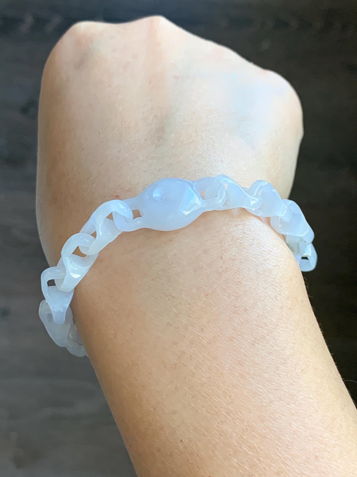 Certified Natural Grade A Icy White Jade Jadeite Interlocking Dragon Bone Chain & Donut Bracelet Sterling Silver 8” 天然白冰淡紫底翡翠龙骨链平安扣手链 570