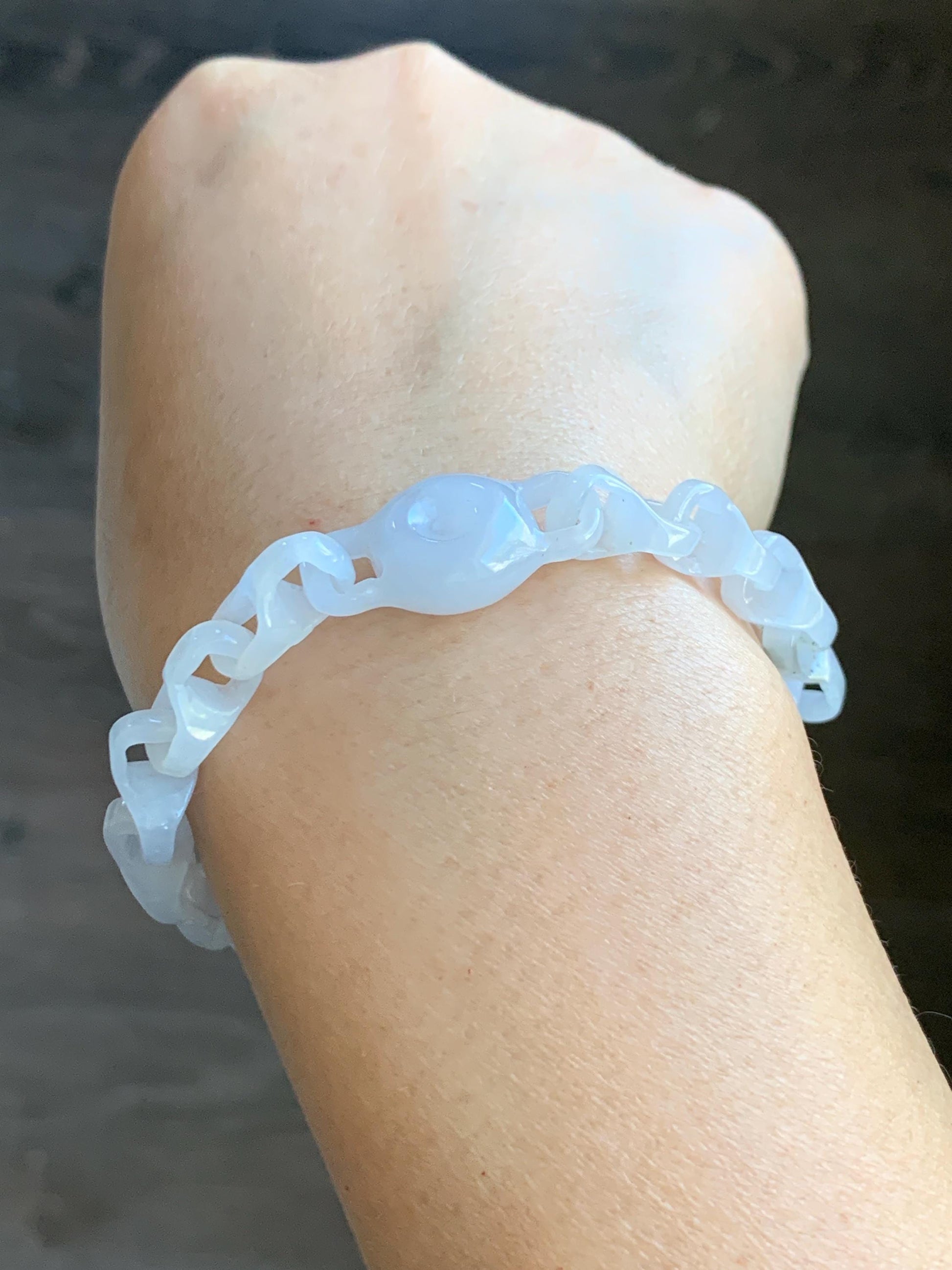 Certified Natural Grade A Icy White Jade Jadeite Interlocking Dragon Bone Chain & Donut Bracelet Sterling Silver 8” 天然白冰淡紫底翡翠龙骨链平安扣手链 570