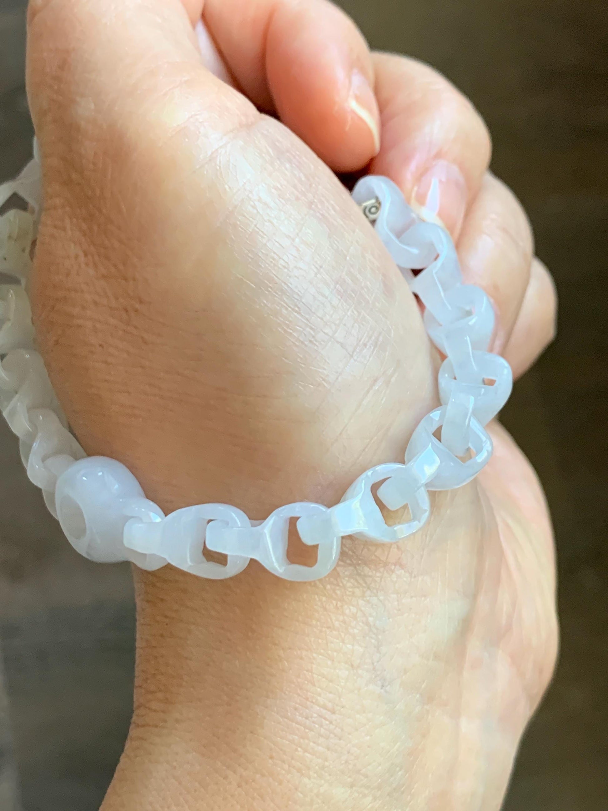 Certified Natural Grade A Icy White Jade Jadeite Interlocking Dragon Bone Chain & Donut Bracelet Sterling Silver 8” 天然白冰淡紫底翡翠龙骨链平安扣手链 570