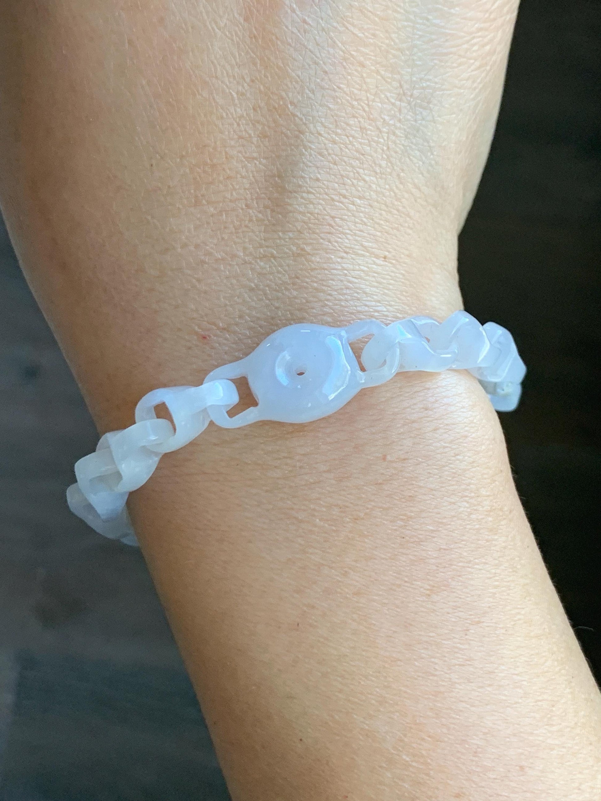 Certified Natural Grade A Icy White Jade Jadeite Interlocking Dragon Bone Chain & Donut Bracelet Sterling Silver 8” 天然白冰淡紫底翡翠龙骨链平安扣手链 570