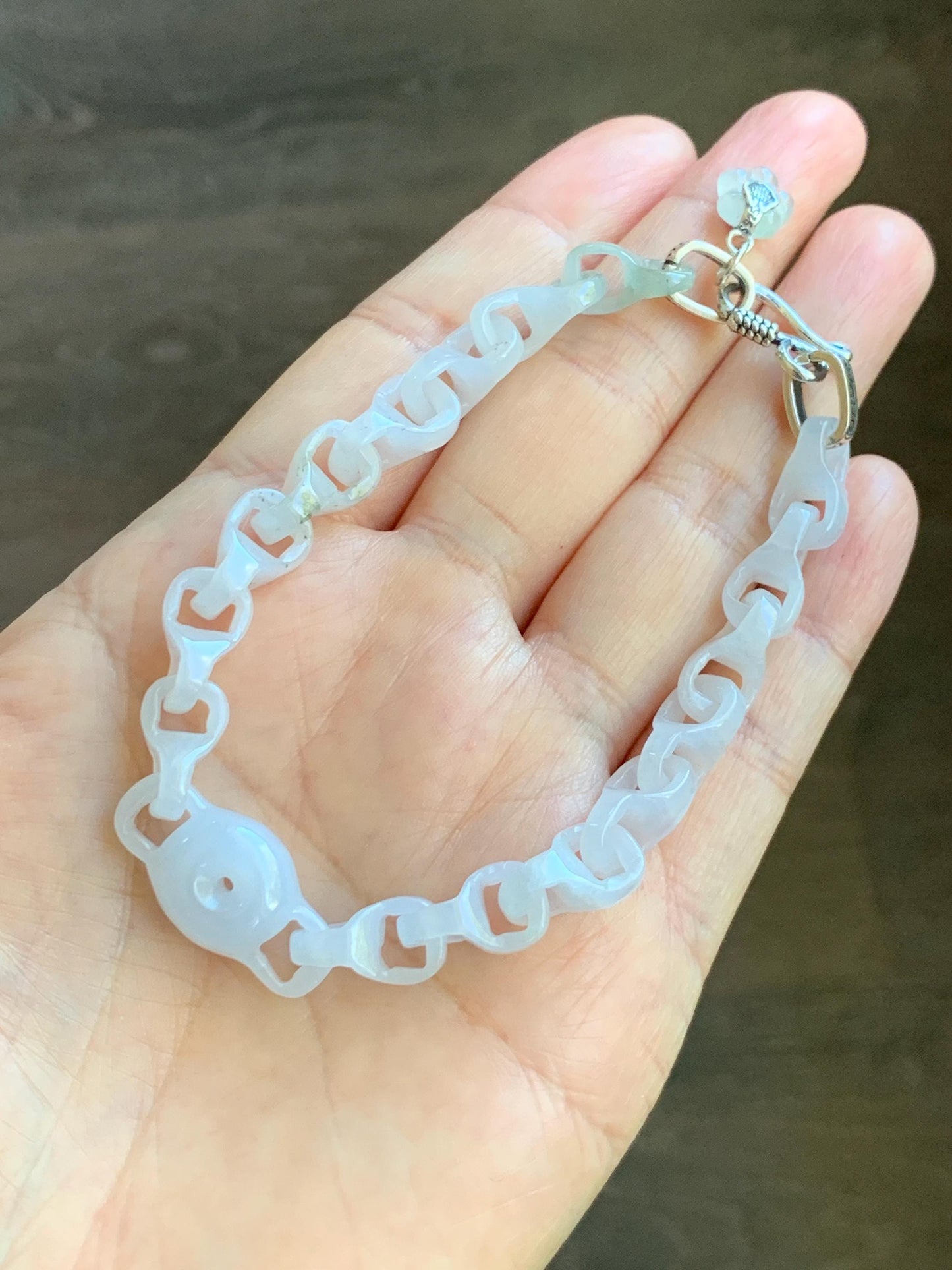Certified Natural Grade A Icy White Jade Jadeite Interlocking Dragon Bone Chain & Donut Bracelet Sterling Silver 8” 天然白冰淡紫底翡翠龙骨链平安扣手链 570