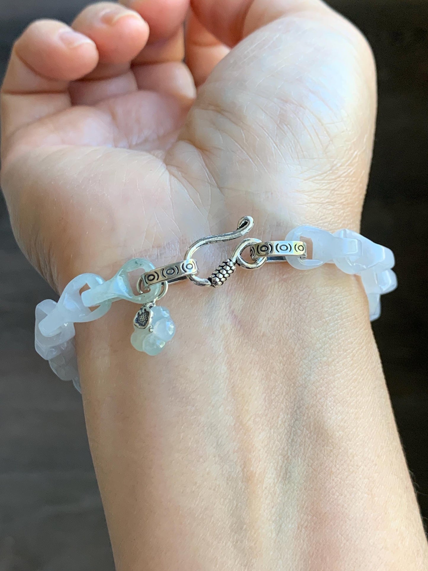 Certified Natural Grade A Icy White Jade Jadeite Interlocking Dragon Bone Chain & Donut Bracelet Sterling Silver 8” 天然白冰淡紫底翡翠龙骨链平安扣手链 570