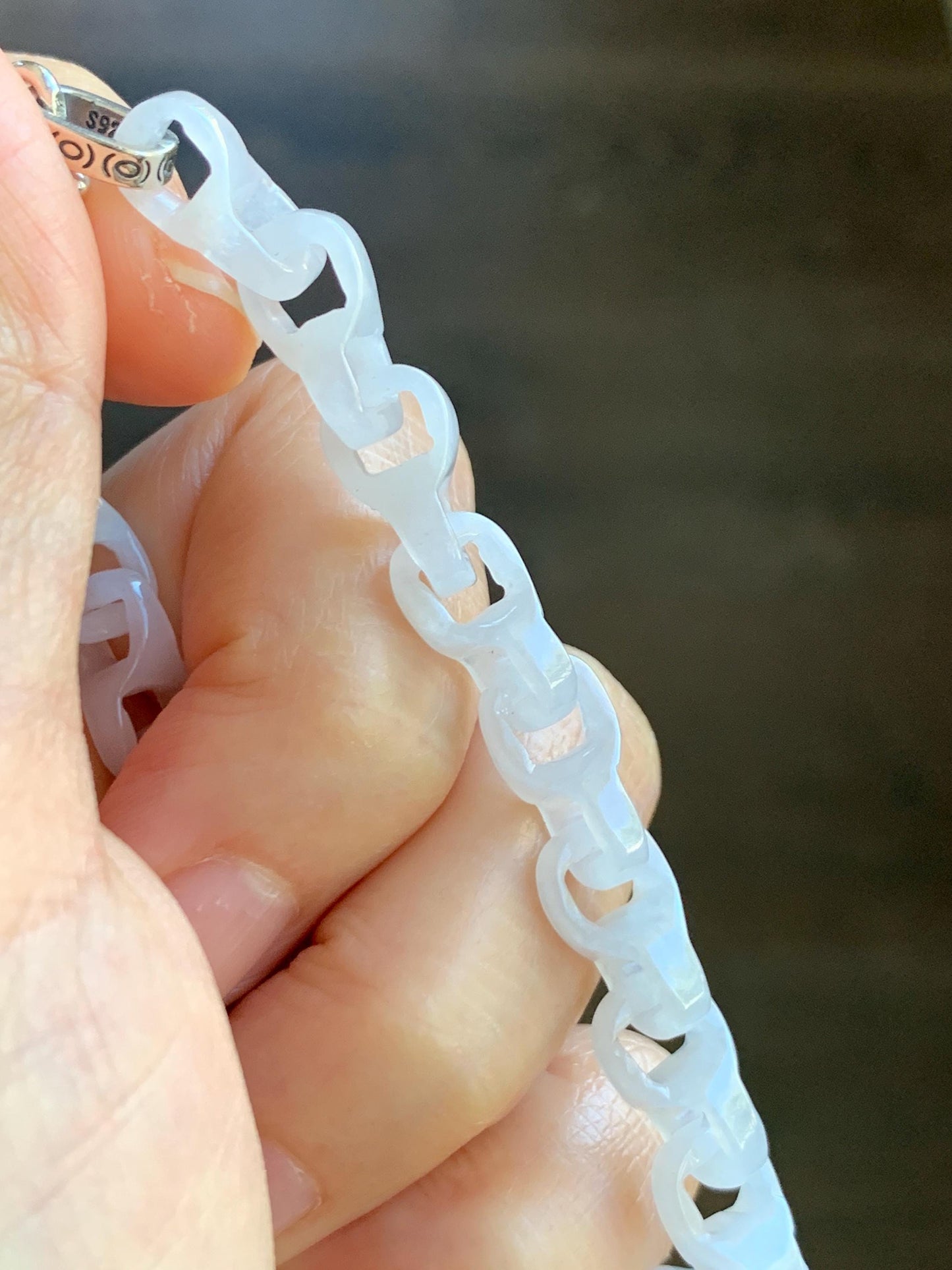 Certified Natural Grade A Icy White Jade Jadeite Interlocking Dragon Bone Chain & Donut Bracelet Sterling Silver 8” 天然白冰淡紫底翡翠龙骨链平安扣手链 570