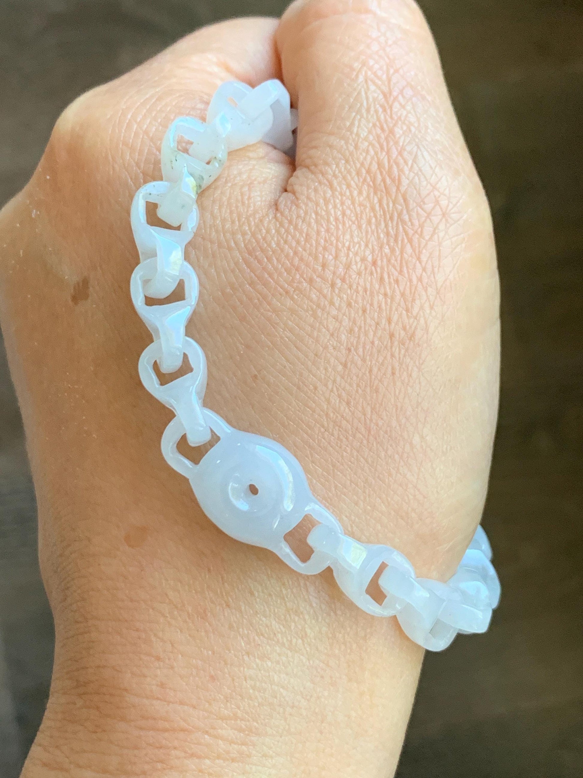 Certified Natural Grade A Icy White Jade Jadeite Interlocking Dragon Bone Chain & Donut Bracelet Sterling Silver 8” 天然白冰淡紫底翡翠龙骨链平安扣手链 570