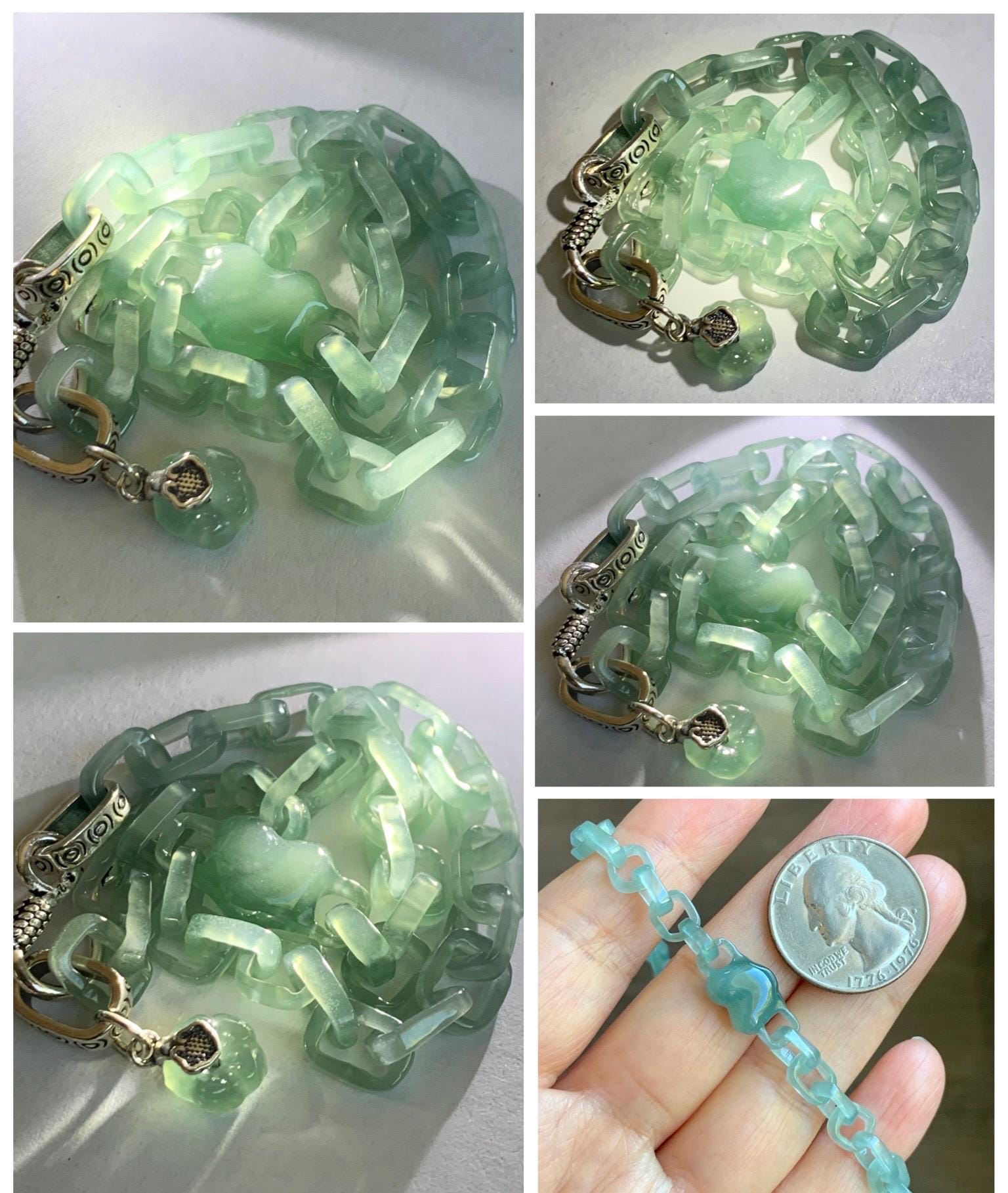 Certified Natural Type A Guatemalan Icy Teal Blue Jadeite Carved Interlocking Links Heart Bracelet Sterling Silver 9.25” 天然冰危蓝翡翠龙骨链爱心手链 571