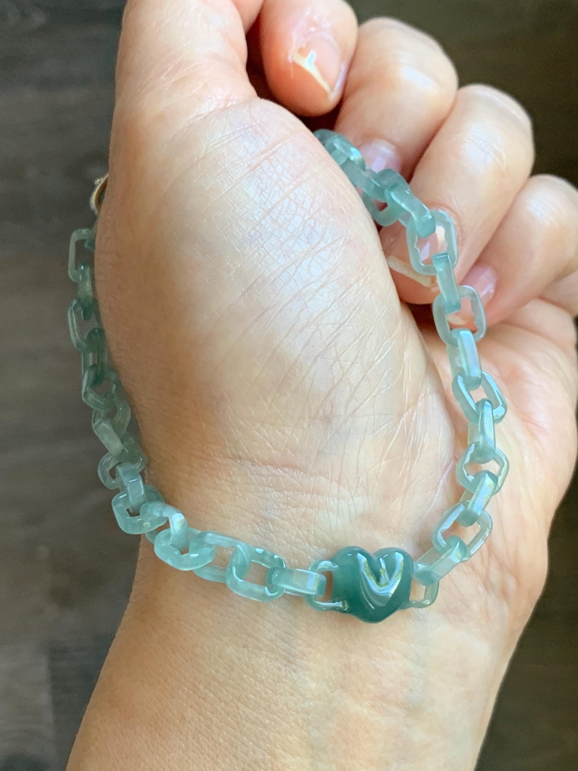 Certified Natural Type A Guatemalan Icy Teal Blue Jadeite Carved Interlocking Links Heart Bracelet Sterling Silver 9.25” 天然冰危蓝翡翠龙骨链爱心手链 571