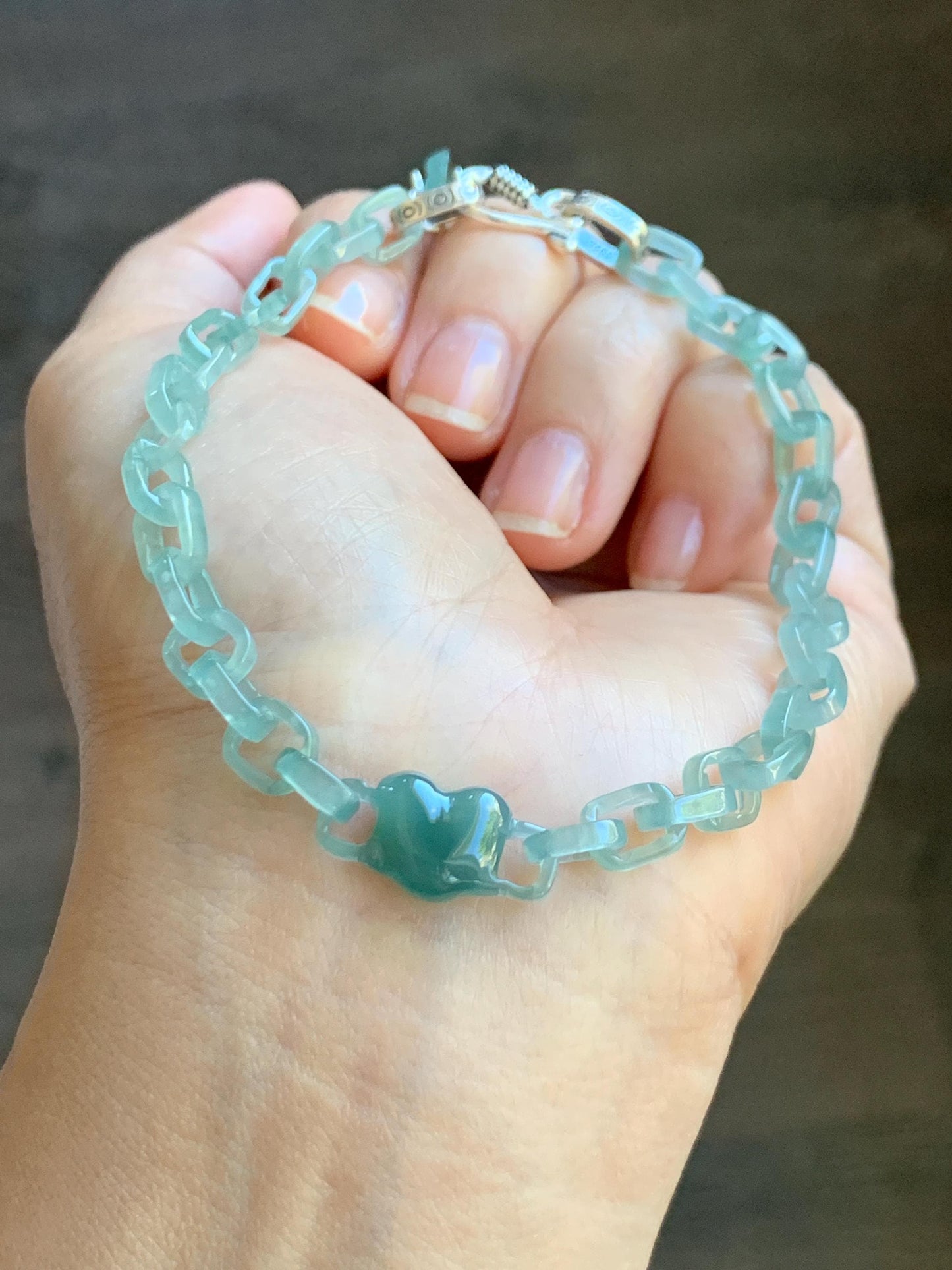 Certified Natural Type A Guatemalan Icy Teal Blue Jadeite Carved Interlocking Links Heart Bracelet Sterling Silver 9.25” 天然冰危蓝翡翠龙骨链爱心手链 571