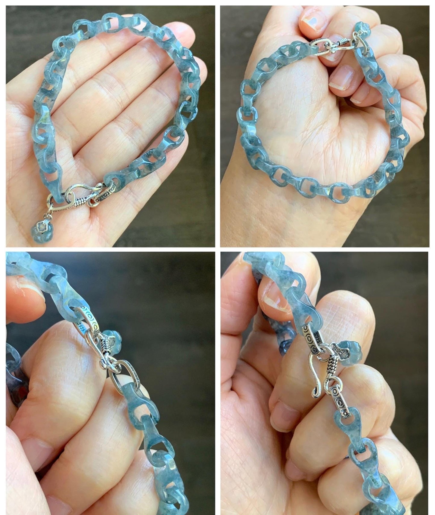 Certified Natural Type A Guatemalan Icy Blue Wuji Jadeite Interlocking Dragon Bone Link Chain Bracelet Sterling Silver 8" 天然冰胶危蓝乌鸡翡翠龙骨链手链572