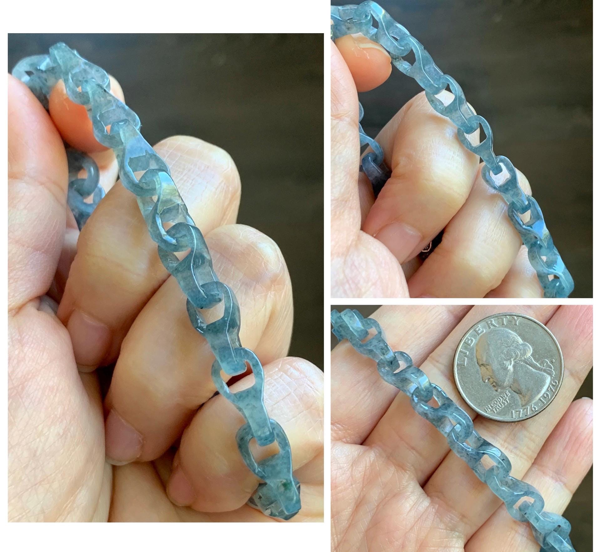 Certified Natural Type A Guatemalan Icy Blue Wuji Jadeite Interlocking Dragon Bone Link Chain Bracelet Sterling Silver 8" 天然冰胶危蓝乌鸡翡翠龙骨链手链572