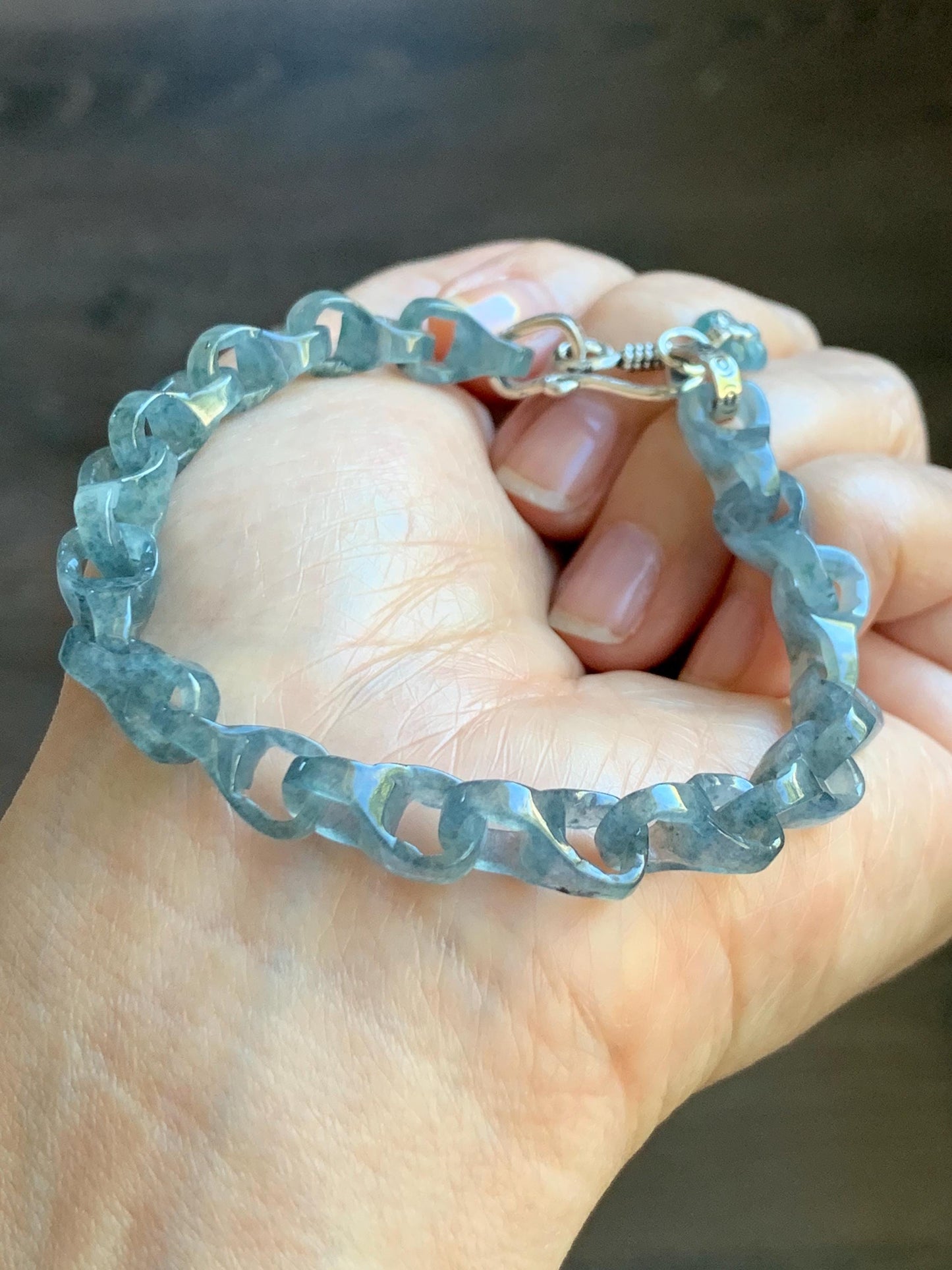 Certified Natural Type A Guatemalan Icy Blue Wuji Jadeite Interlocking Dragon Bone Link Chain Bracelet Sterling Silver 8" 天然冰胶危蓝乌鸡翡翠龙骨链手链572