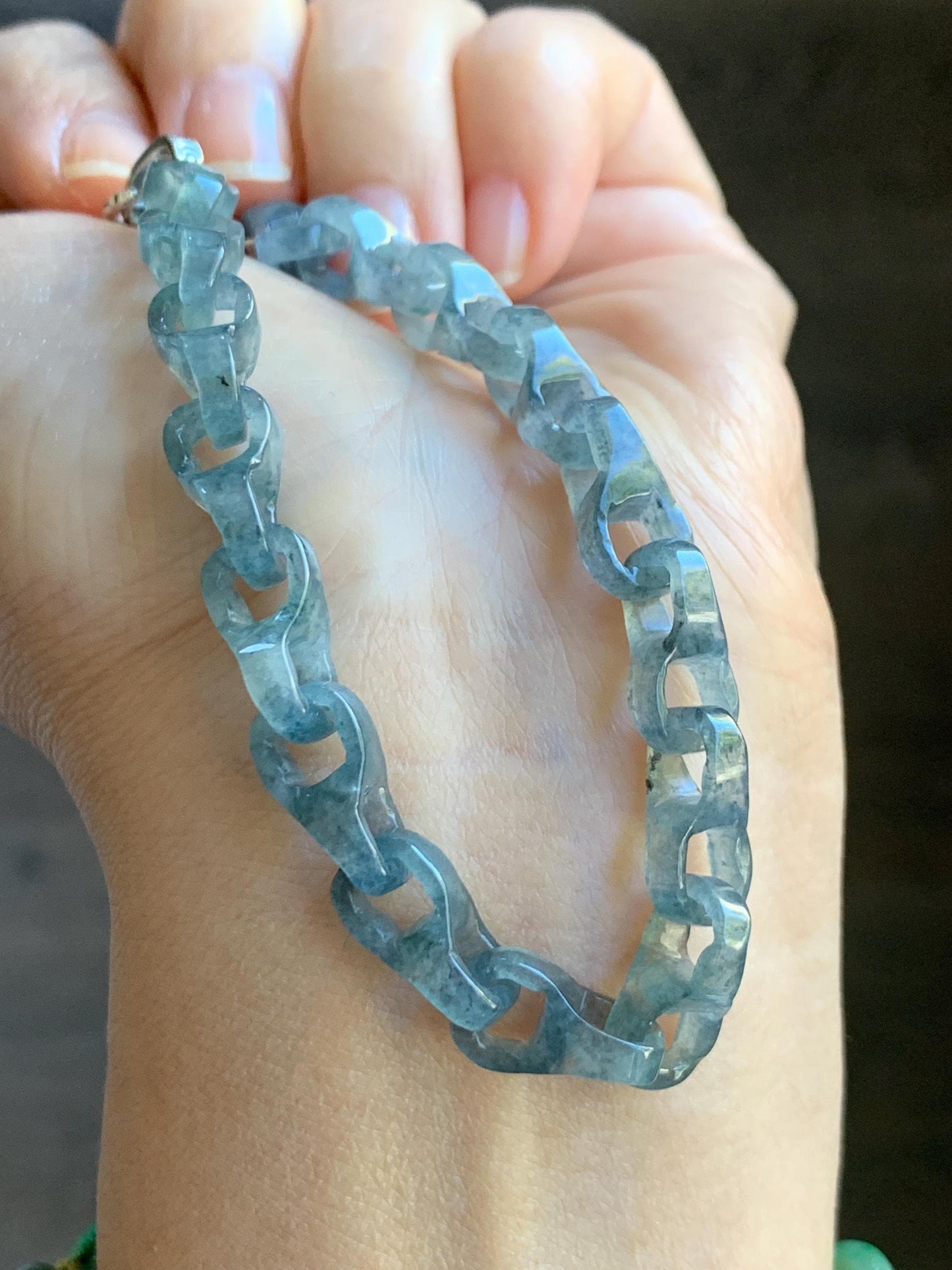 Certified Natural Type A Guatemalan Icy Blue Wuji Jadeite Interlocking Dragon Bone Link Chain Bracelet Sterling Silver 8" 天然冰胶危蓝乌鸡翡翠龙骨链手链572