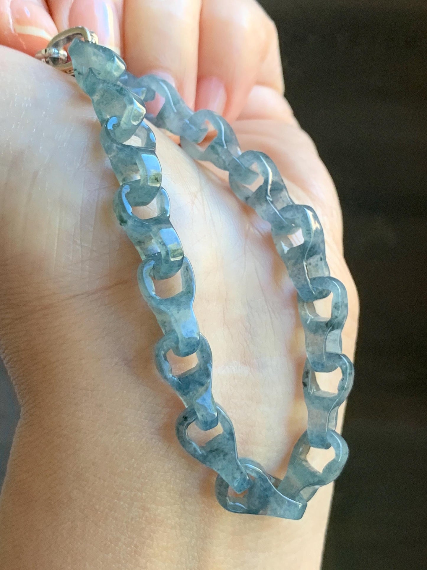Certified Natural Type A Guatemalan Icy Blue Wuji Jadeite Interlocking Dragon Bone Link Chain Bracelet Sterling Silver 8" 天然冰胶危蓝乌鸡翡翠龙骨链手链572