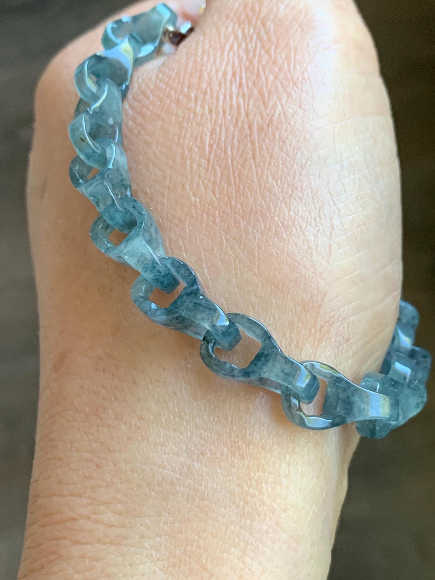 Certified Natural Type A Guatemalan Icy Blue Wuji Jadeite Interlocking Dragon Bone Link Chain Bracelet Sterling Silver 8" 天然冰胶危蓝乌鸡翡翠龙骨链手链572