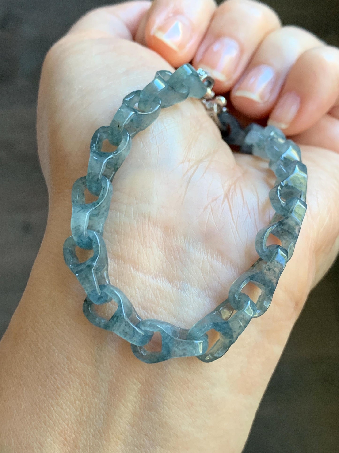 Certified Natural Type A Guatemalan Icy Blue Wuji Jadeite Interlocking Dragon Bone Link Chain Bracelet Sterling Silver 8" 天然冰胶危蓝乌鸡翡翠龙骨链手链572