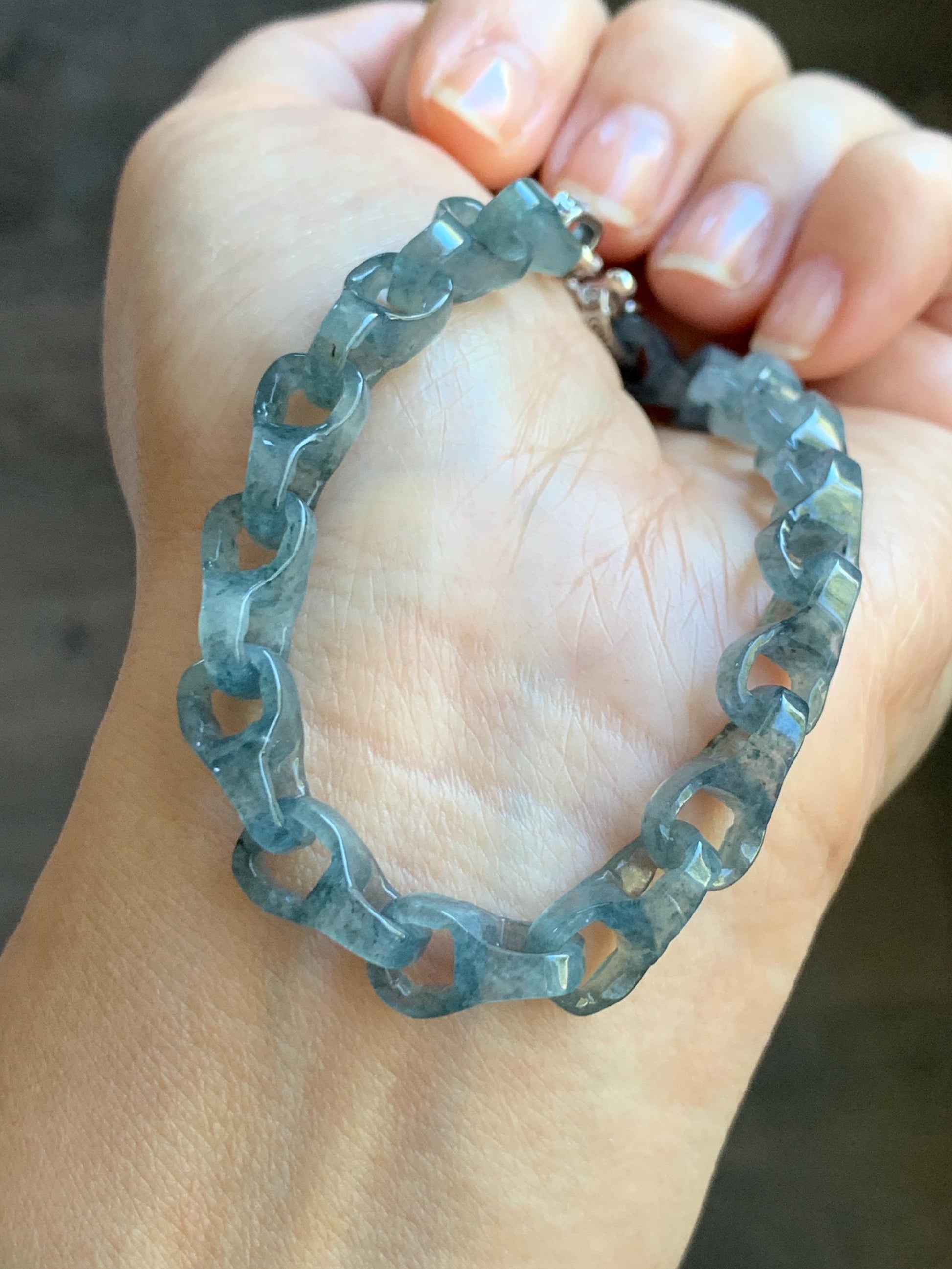 Certified Natural Type A Guatemalan Icy Blue Wuji Jadeite Interlocking Dragon Bone Link Chain Bracelet Sterling Silver 8" 天然冰胶危蓝乌鸡翡翠龙骨链手链572