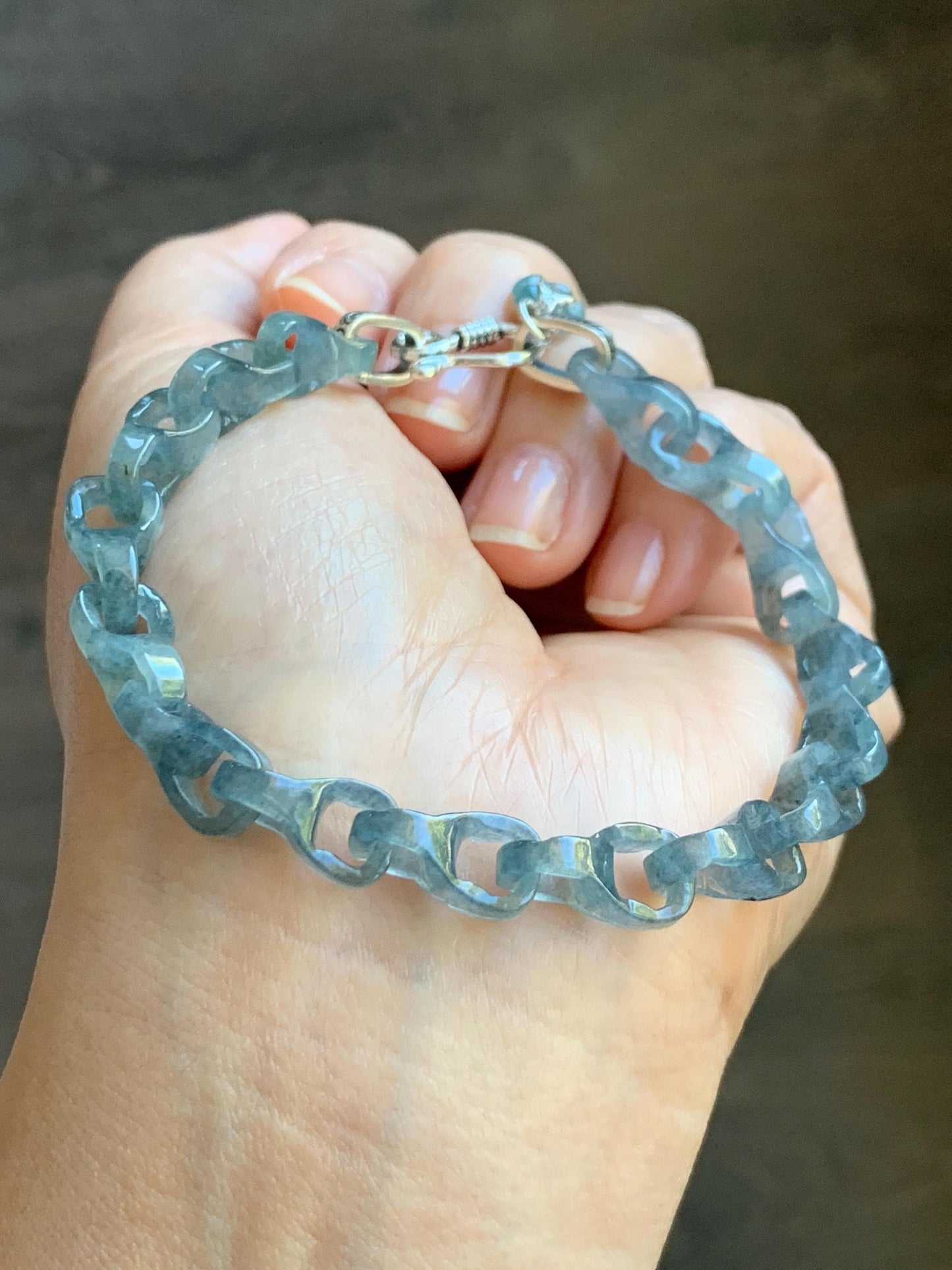 Certified Natural Type A Guatemalan Icy Blue Wuji Jadeite Interlocking Dragon Bone Link Chain Bracelet Sterling Silver 8" 天然冰胶危蓝乌鸡翡翠龙骨链手链572